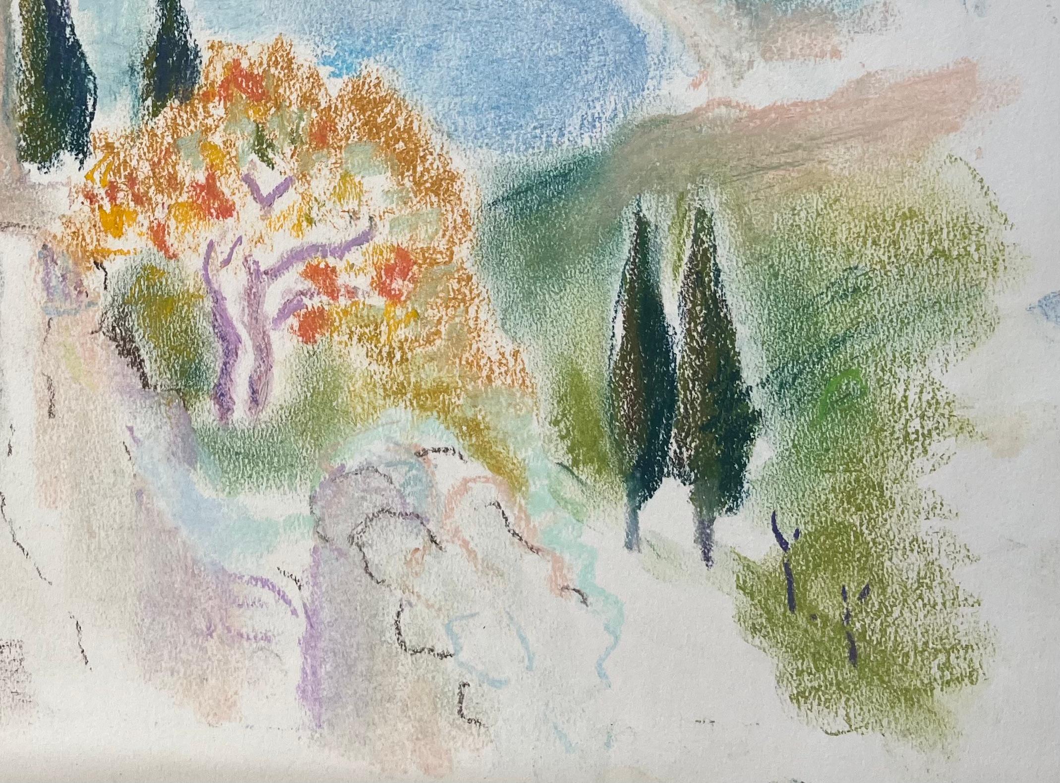 Título: Pastel de mediados del siglo XX de fortaleza junto al mar y costa mediterránea
de Anne Marie Migette Perard (francesa 1902-1977)
Soporte: Pastel sobre papel sin enmarcar
Tamaño: 11,75 pulgadas (alto) x 15 pulgadas (ancho) 
Estado: Como es