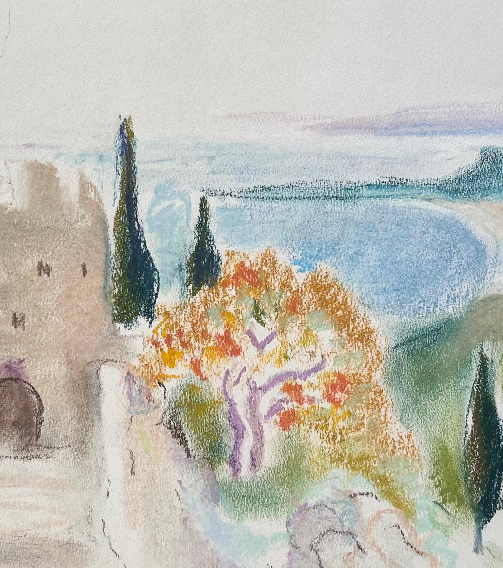 Pastel de mediados del siglo XX de una fortaleza junto al mar y la costa mediterránea en venta 2