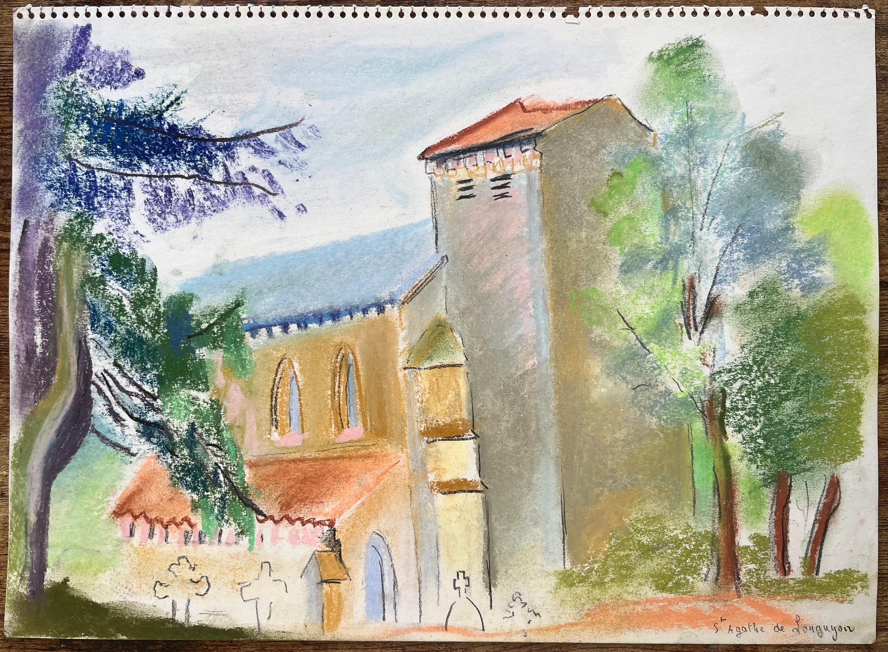 Pastel de l'église St. Agathe à Loueygoun en France, milieu du 20e siècle - Painting de Anne Marie Migette Perard