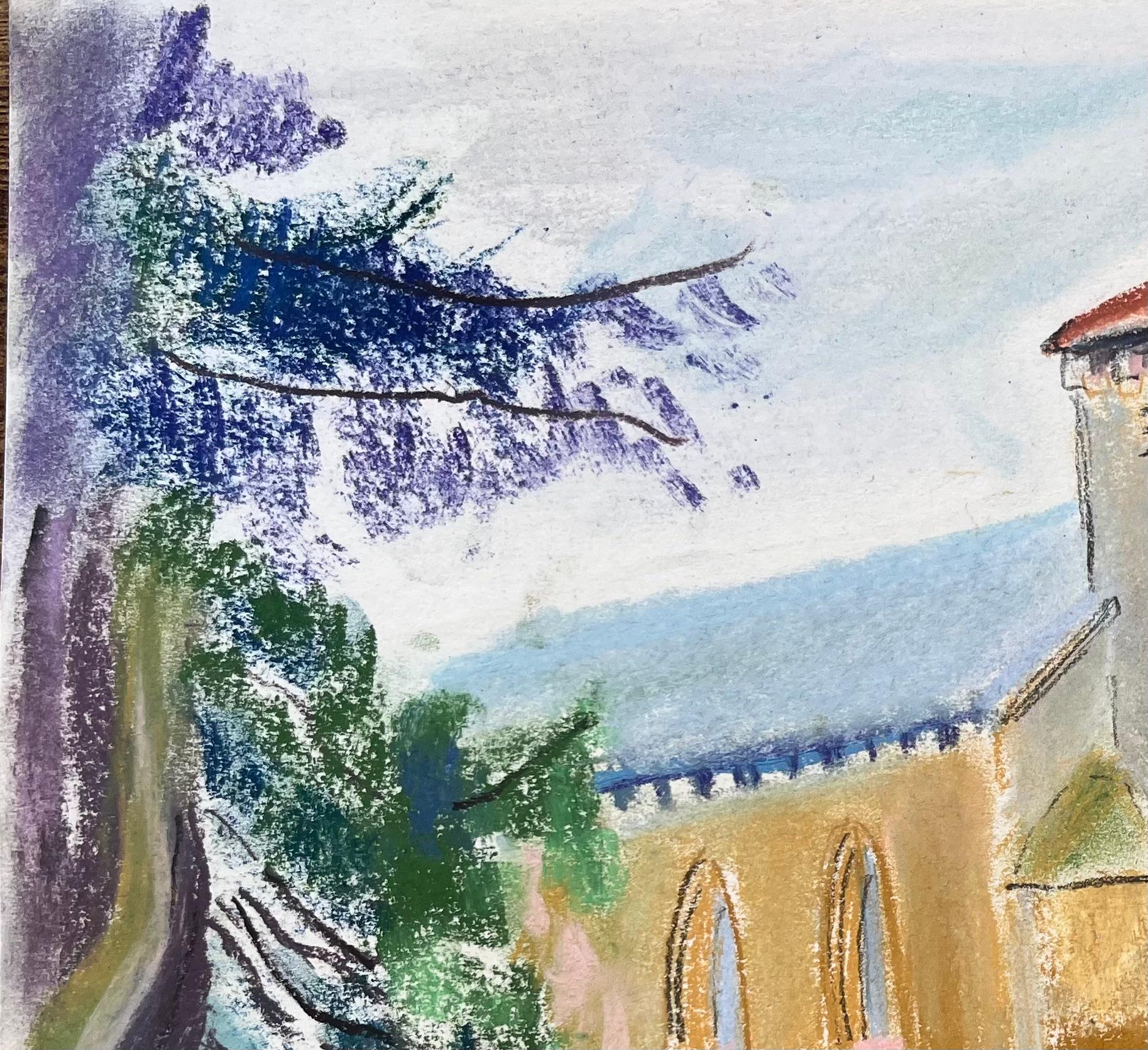 Pastel de l'église St. Agathe à Loueygoun en France, milieu du 20e siècle - Post-impressionnisme Painting par Anne Marie Migette Perard