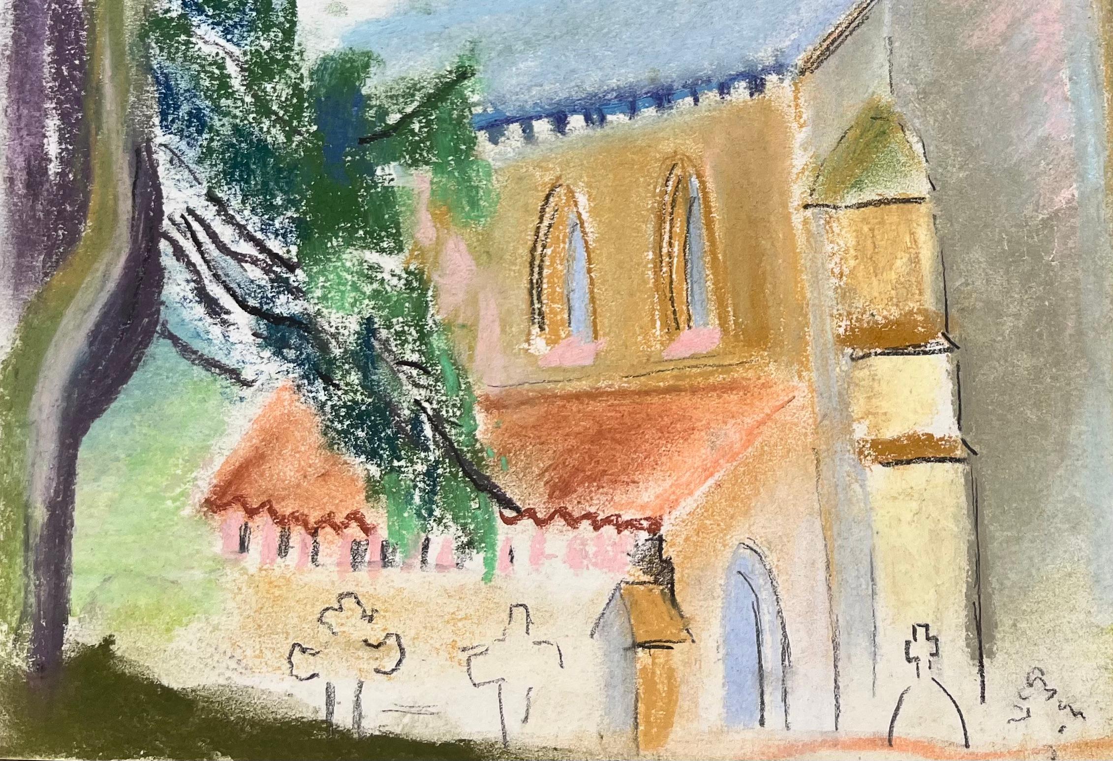 Pastel de l'église St. Agathe à Loueygoun en France, milieu du 20e siècle - Beige Landscape Painting par Anne Marie Migette Perard