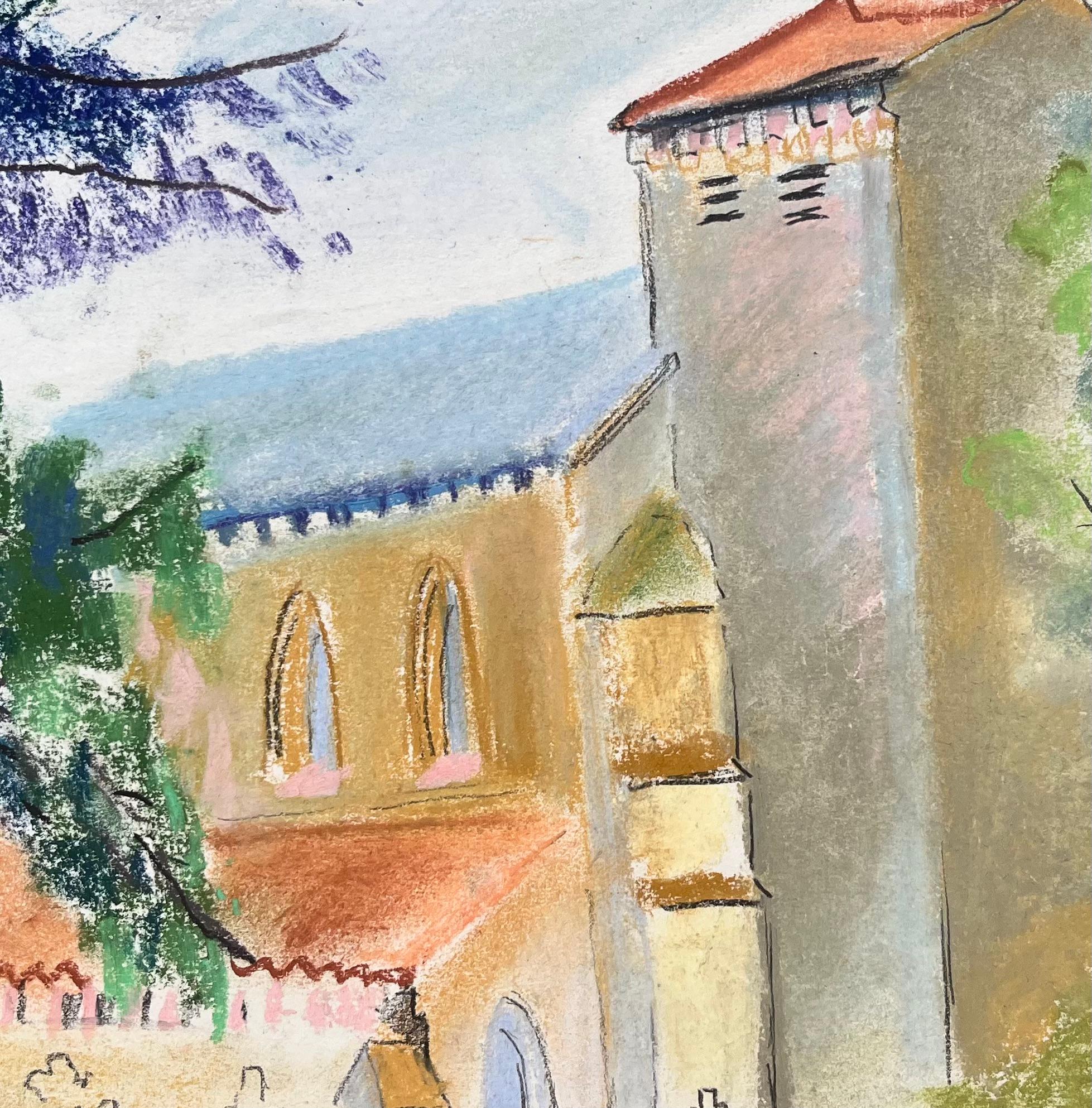 Pastel de l'église St. Agathe à Loueygoun en France, milieu du 20e siècle en vente 2