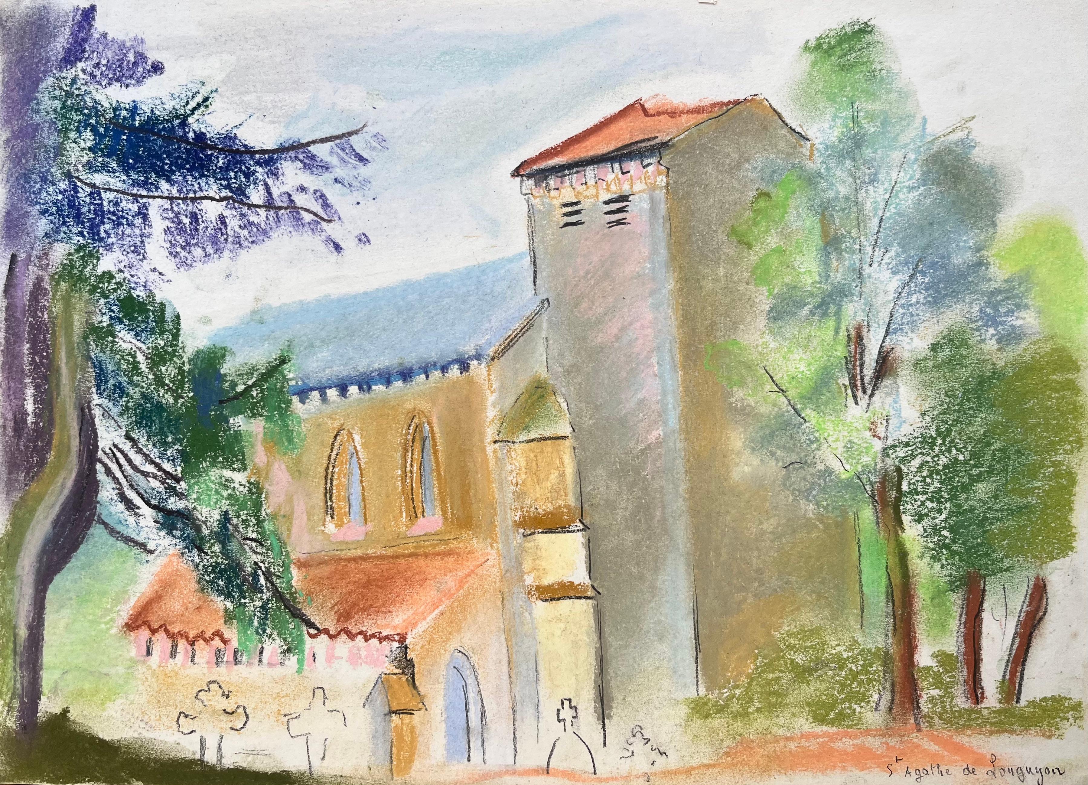 Landscape Painting Anne Marie Migette Perard - Pastel de l'église St. Agathe à Loueygoun en France, milieu du 20e siècle