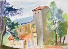 Mid-20th Century Pastel of St. Agathe Church in Loueygoun in France
