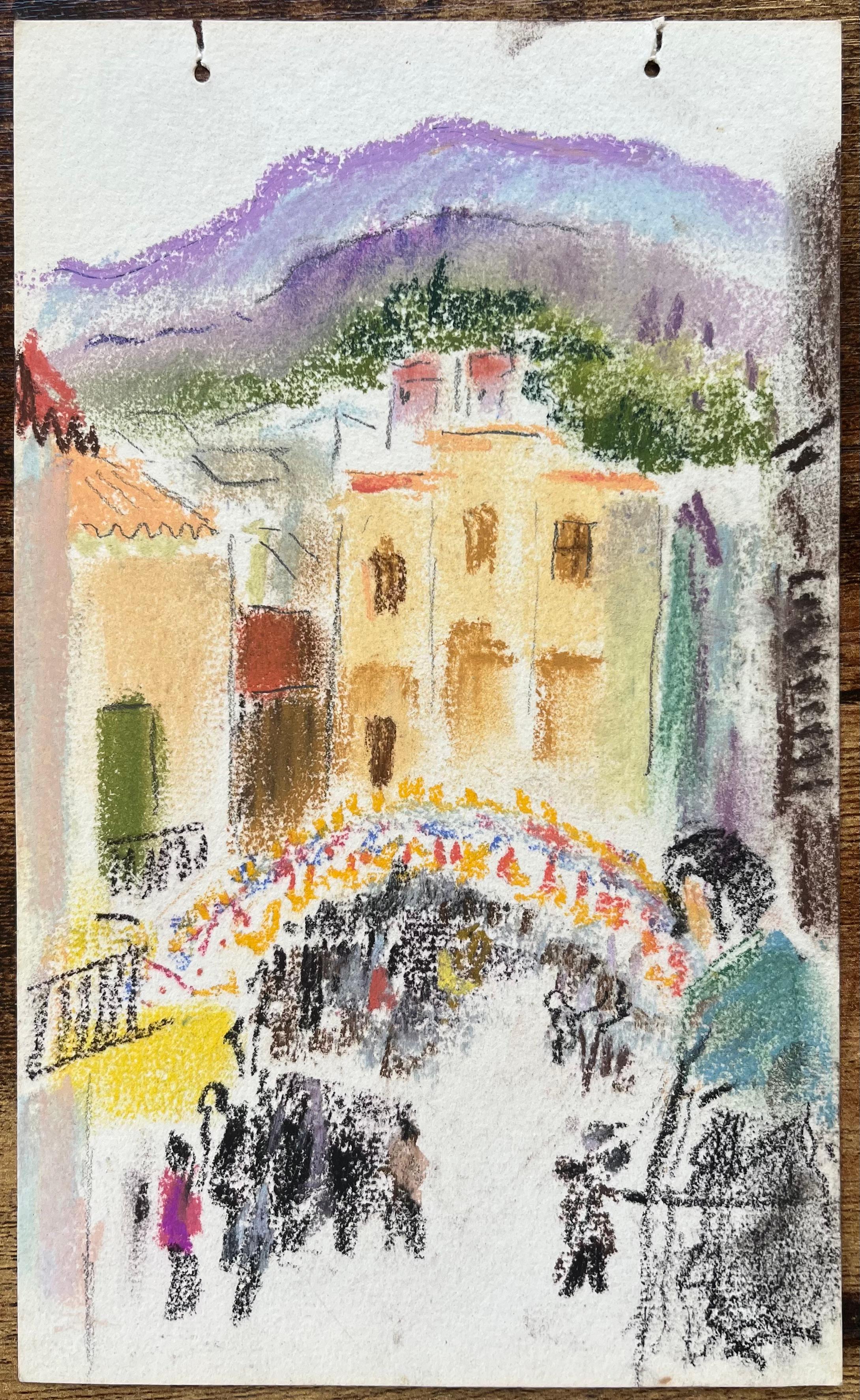 Pastello della metà del XX secolo raffigurante una festa di strada con folla in un villaggio mediterraneo - Painting di Anne Marie Migette Perard