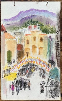 Pastellfarbenes Straßenfestival aus der Mitte des 20. Jahrhunderts mit Crowd in mediterranem Dorf