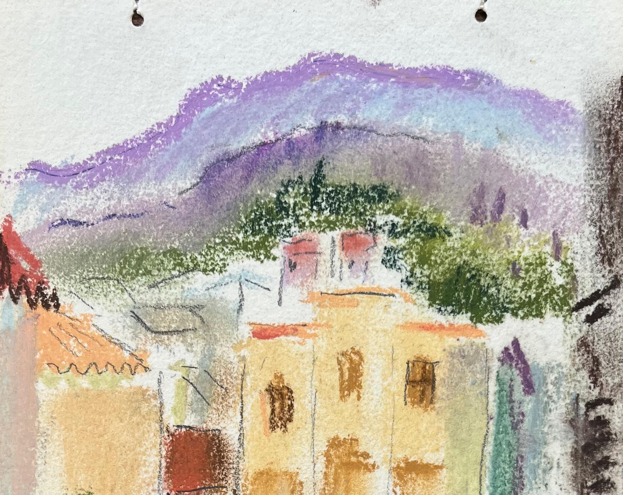 Pastello della metà del XX secolo raffigurante una festa di strada con folla in un villaggio mediterraneo - Painting Postimpressionismo di Anne Marie Migette Perard
