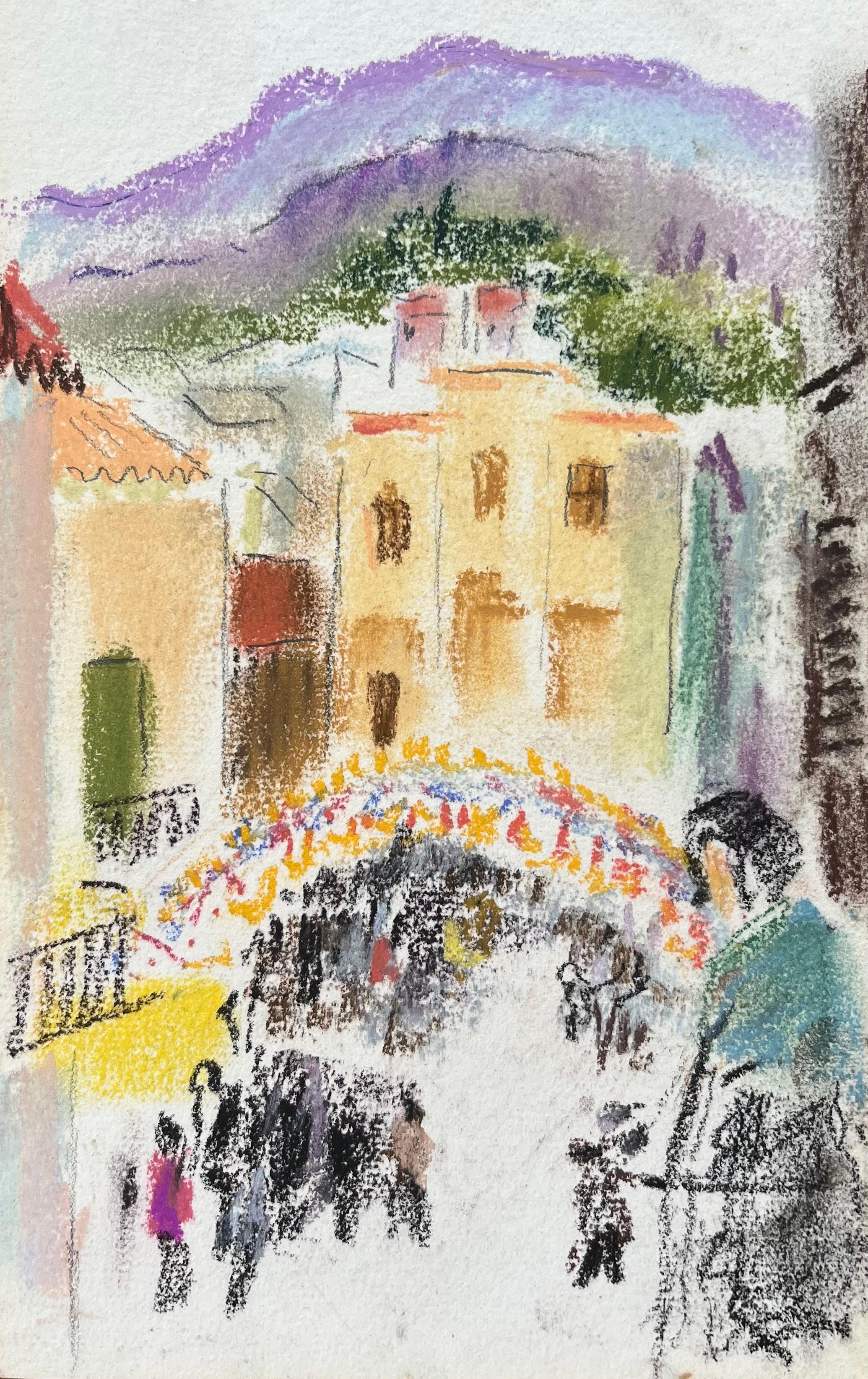 Figurative Painting di Anne Marie Migette Perard - Pastello della metà del XX secolo raffigurante una festa di strada con folla in un villaggio mediterraneo