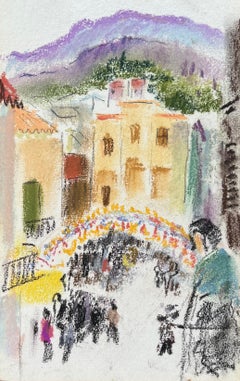 Mid-20th Century Pastel of Street Festival with Crowd in Mediterranean Village