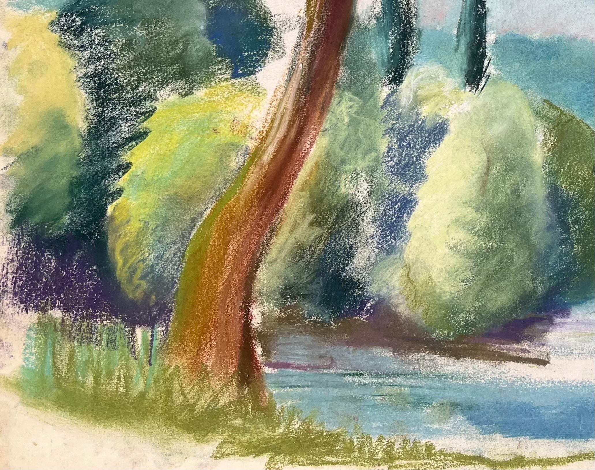 Pastel de mediados del siglo XX del río Brantôme en Francia - Figurative Painting Gris de Anne Marie Migette Perard