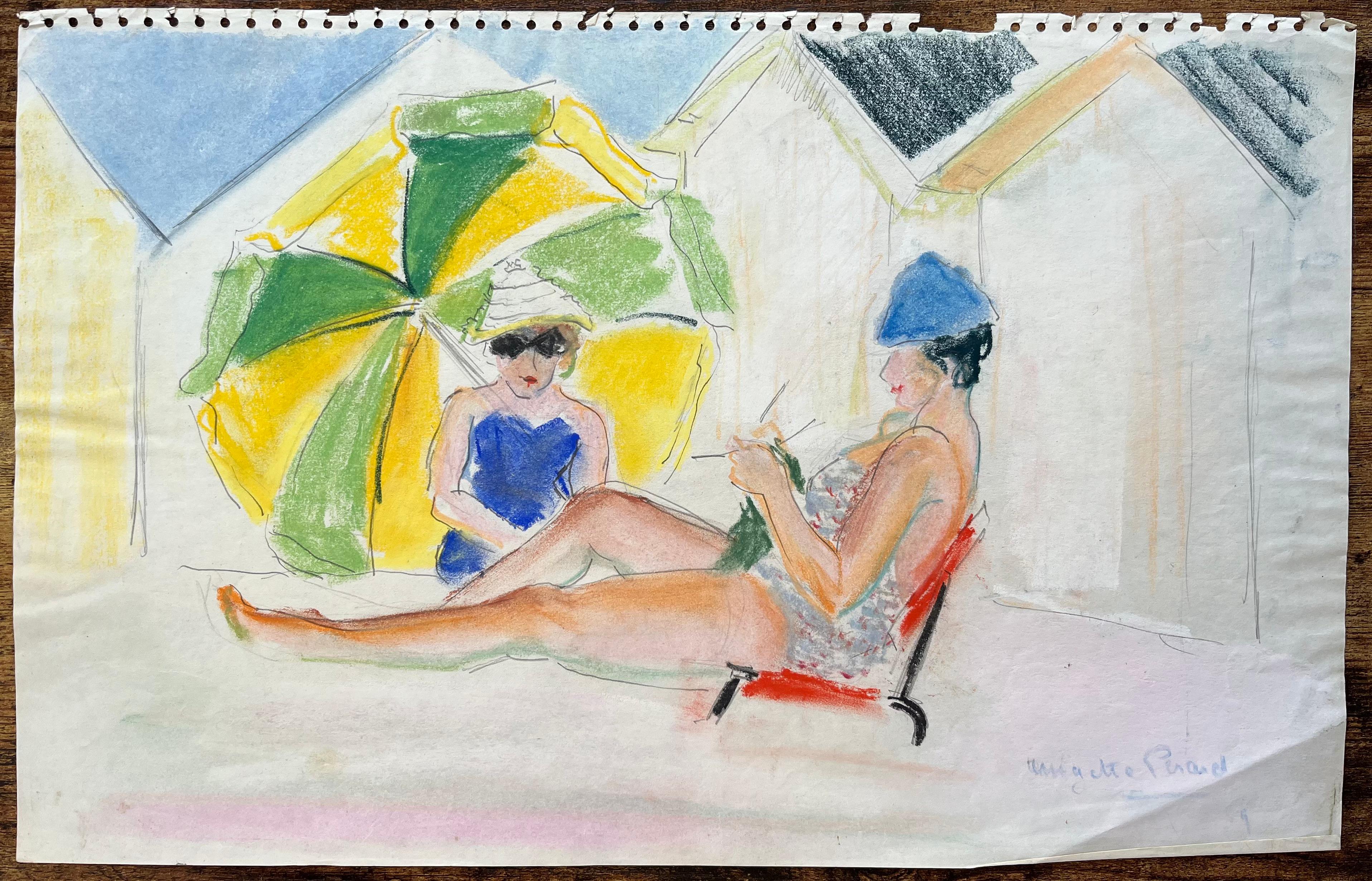 Postimpressionistische Strandszene mit Frauen und Parasol aus der Mitte des 20. Jahrhunderts – Painting von Anne Marie Migette Perard