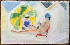 Escena de playa postimpresionista de mediados del siglo XX con mujer y sombrilla