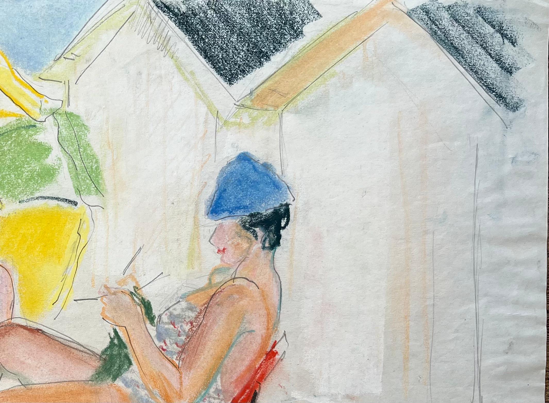 Postimpressionistische Strandszene mit Frauen und Parasol aus der Mitte des 20. Jahrhunderts (Grau), Landscape Painting, von Anne Marie Migette Perard