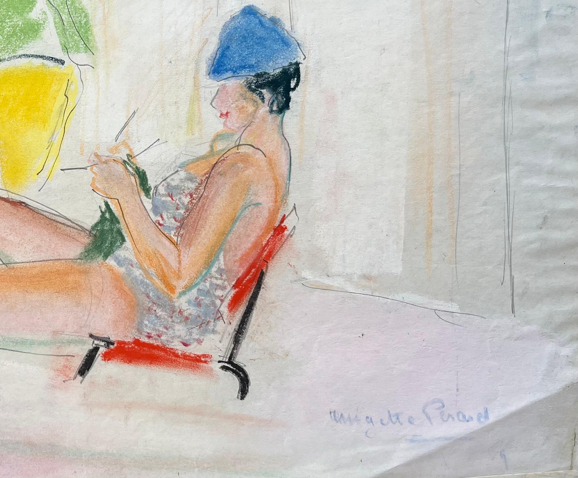 Titel: Postimpressionistische Strandszene mit Frauen und Sonnenschirm aus der Mitte des 20.
von Anne-Marie Migette Perard (Französisch 1902-1977)
Unterschrieben: Ja
Medium: Pastell auf ungerahmtem Papier
Größe: 10,5 Zoll (Höhe) x 16,5 Zoll