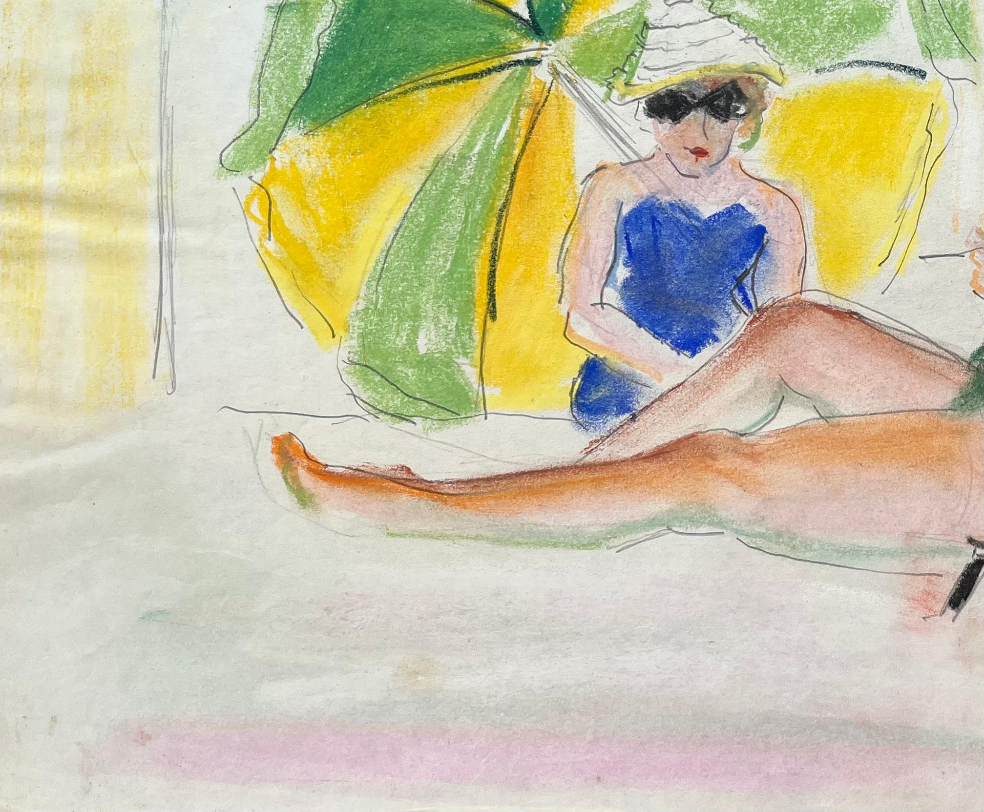 Postimpressionistische Strandszene mit Frauen und Parasol aus der Mitte des 20. Jahrhunderts im Angebot 1