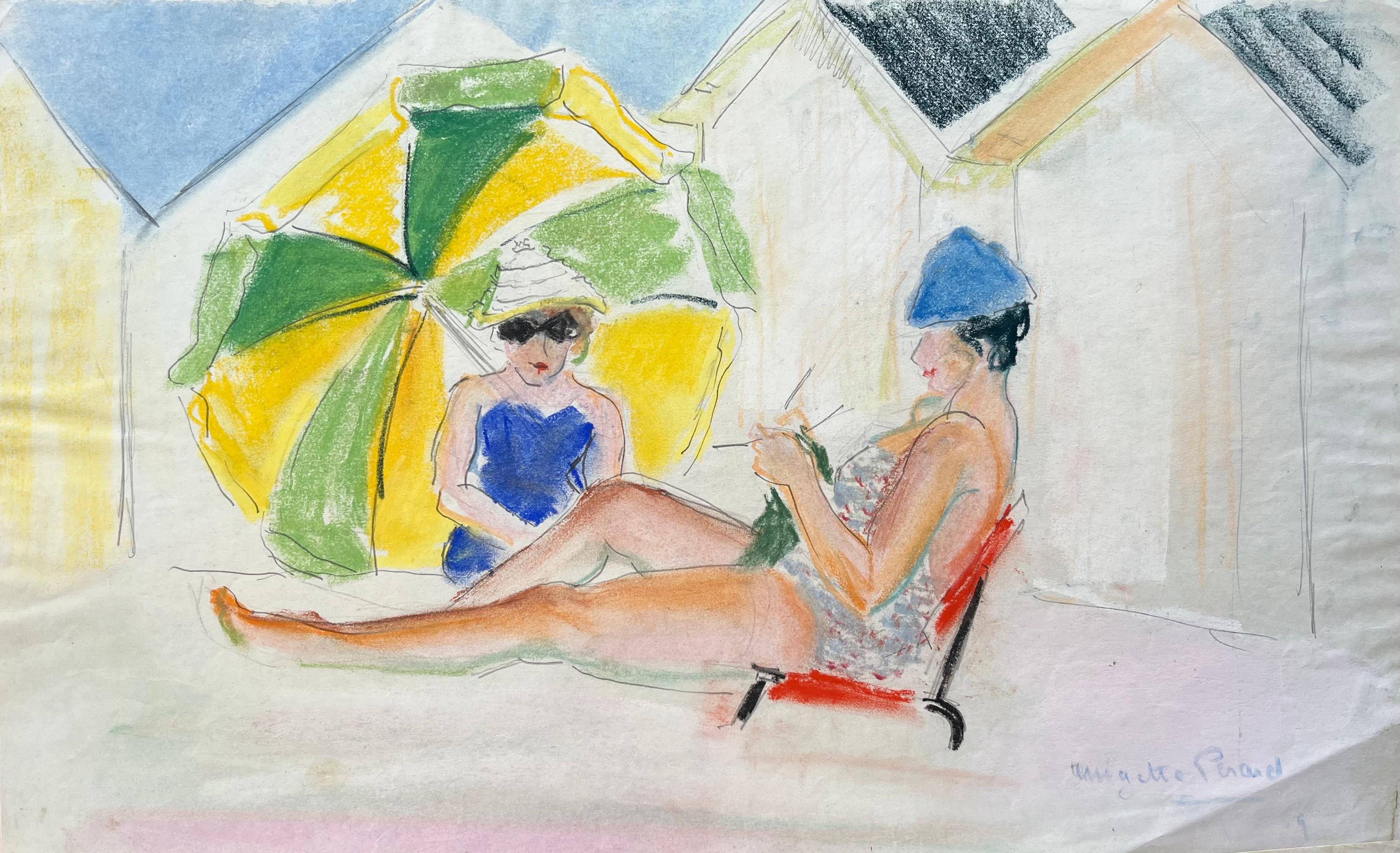 Anne Marie Migette Perard Landscape Painting – Postimpressionistische Strandszene mit Frauen und Parasol aus der Mitte des 20. Jahrhunderts
