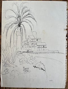 Dibujo postimpresionista de mediados del siglo XX de Antibes con palmera y cactus