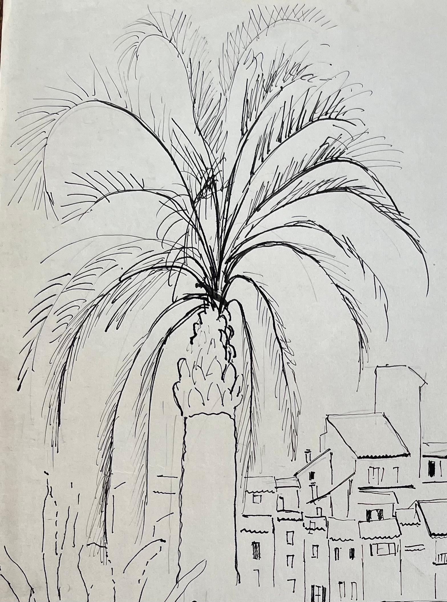 Postimpressionistische Zeichnung von Antiben mit Palmen und Kakteen aus der Mitte des 20. Jahrhunderts (Post-Impressionismus), Painting, von Anne Marie Migette Perard
