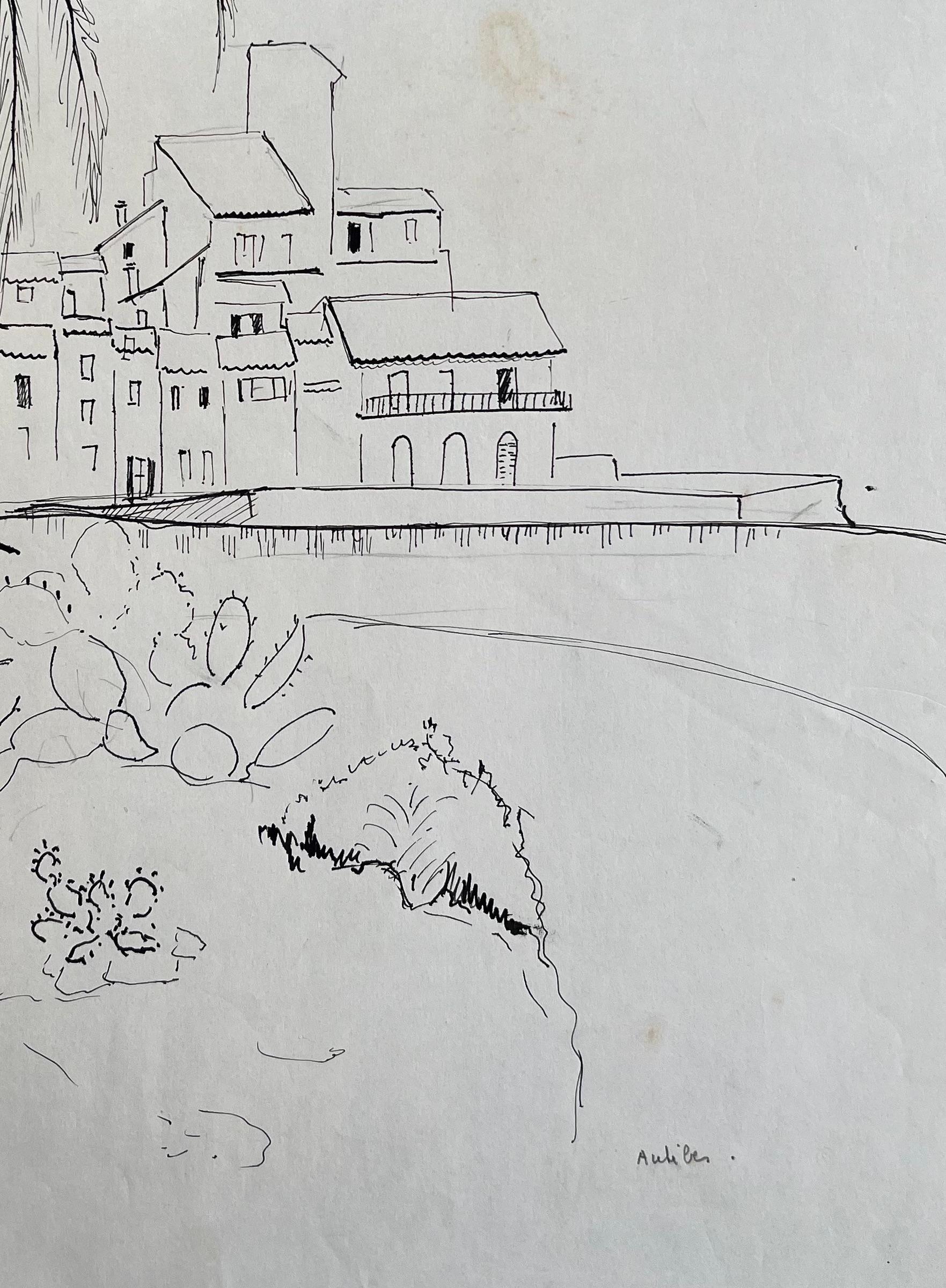 Titel: Postimpressionistische Zeichnung aus der Mitte des 20. Jahrhunderts von Antibes mit Palme und Kakteen
von Anne-Marie Migette Perard (Französisch 1902-1977)
Medium: Tusche auf ungerahmtem Papier
Größe: 16,5 Zoll (Höhe) x 12,75 Zoll