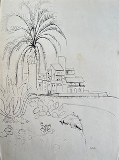 Dibujo postimpresionista de mediados del siglo XX de Antibes con palmera y cactus