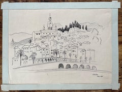 Mid-20th Century Post-Impressionist Drawing of Menton France Dated 1969