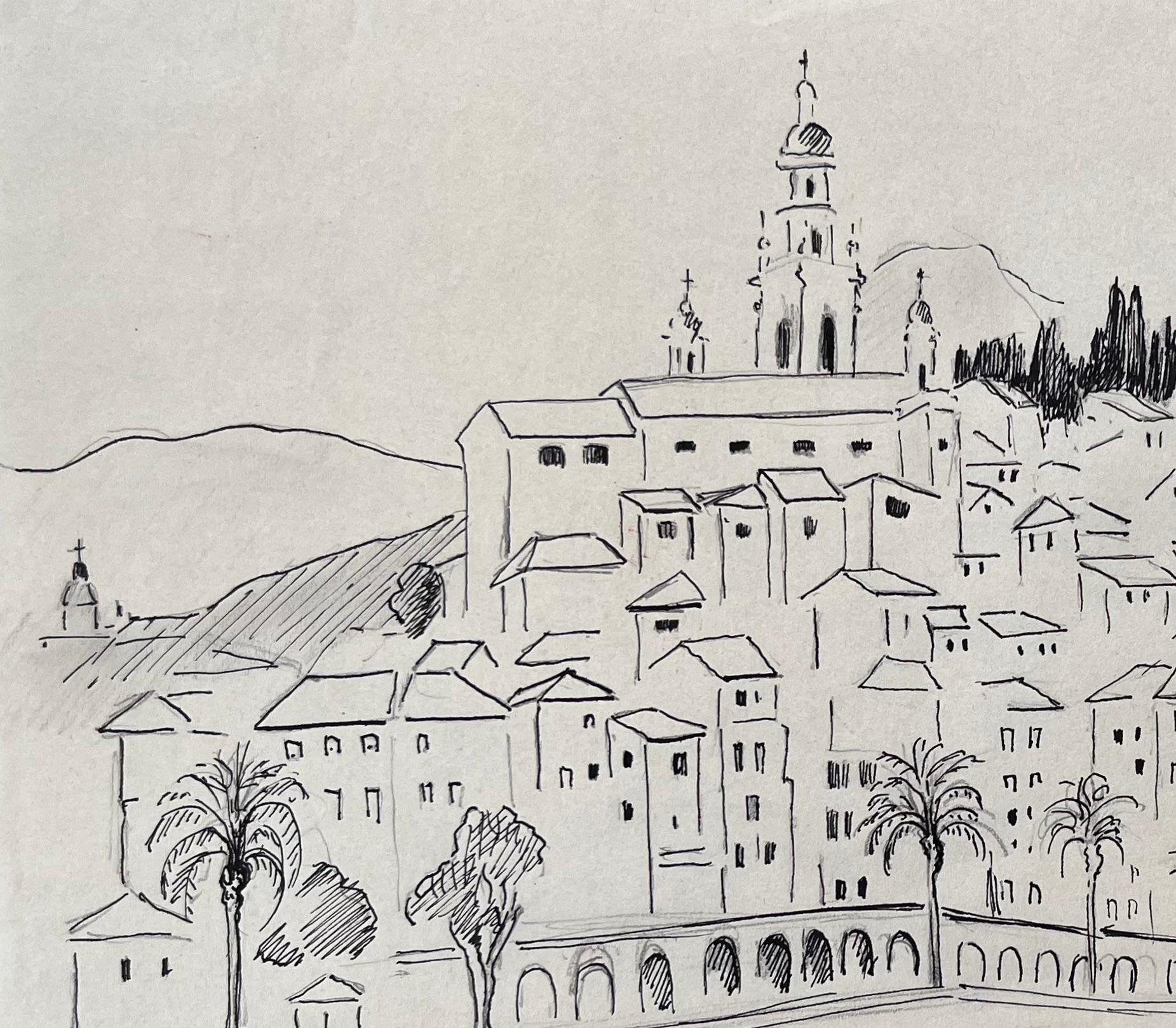 Mid-20th Century Post-Impressionist Drawing of Menton France Dated 1969 - Gray Figurative Painting by Anne Marie Migette Perard