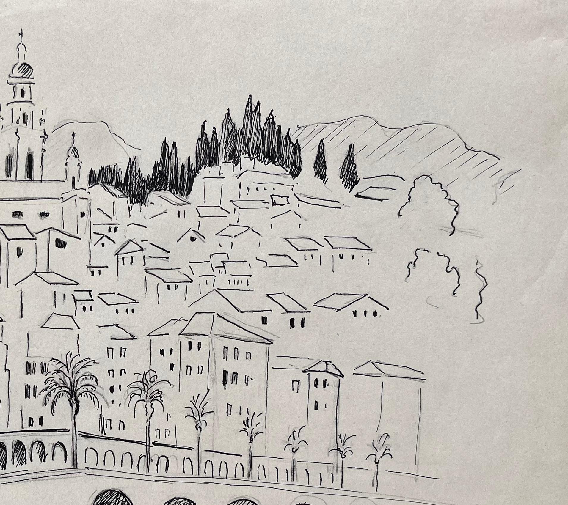 Title: Mid-20th Century Post-Impressionist Drawing of Menton France Dated 1969
by Anne Marie Migette Perard (French 1902-1977)
Medium: Ink on unframed paper
Size: 10 inches (height) x 13.25 inches (width)
Condition: As is normal with unframed works