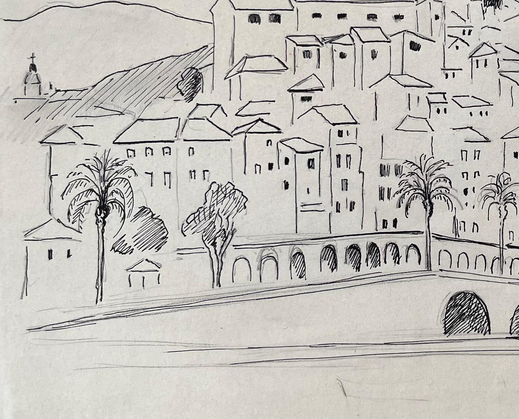 Mid-20th Century Post-Impressionist Drawing of Menton France Dated 1969 For Sale 1