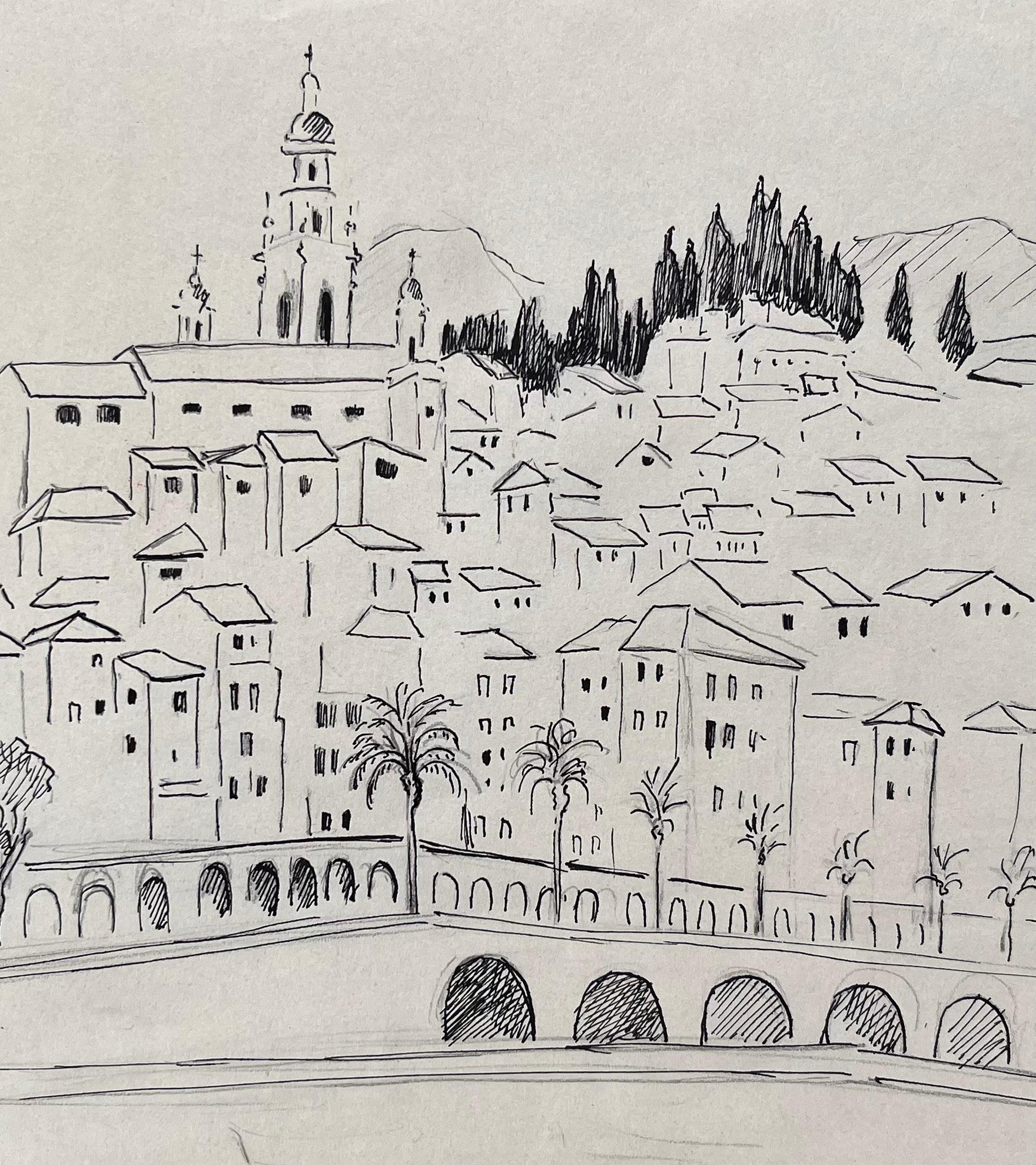 Mid-20th Century Post-Impressionist Drawing of Menton France Dated 1969 For Sale 3
