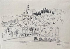 Disegno post-impressionista di Mentone in Francia della metà del XX secolo datato 1969