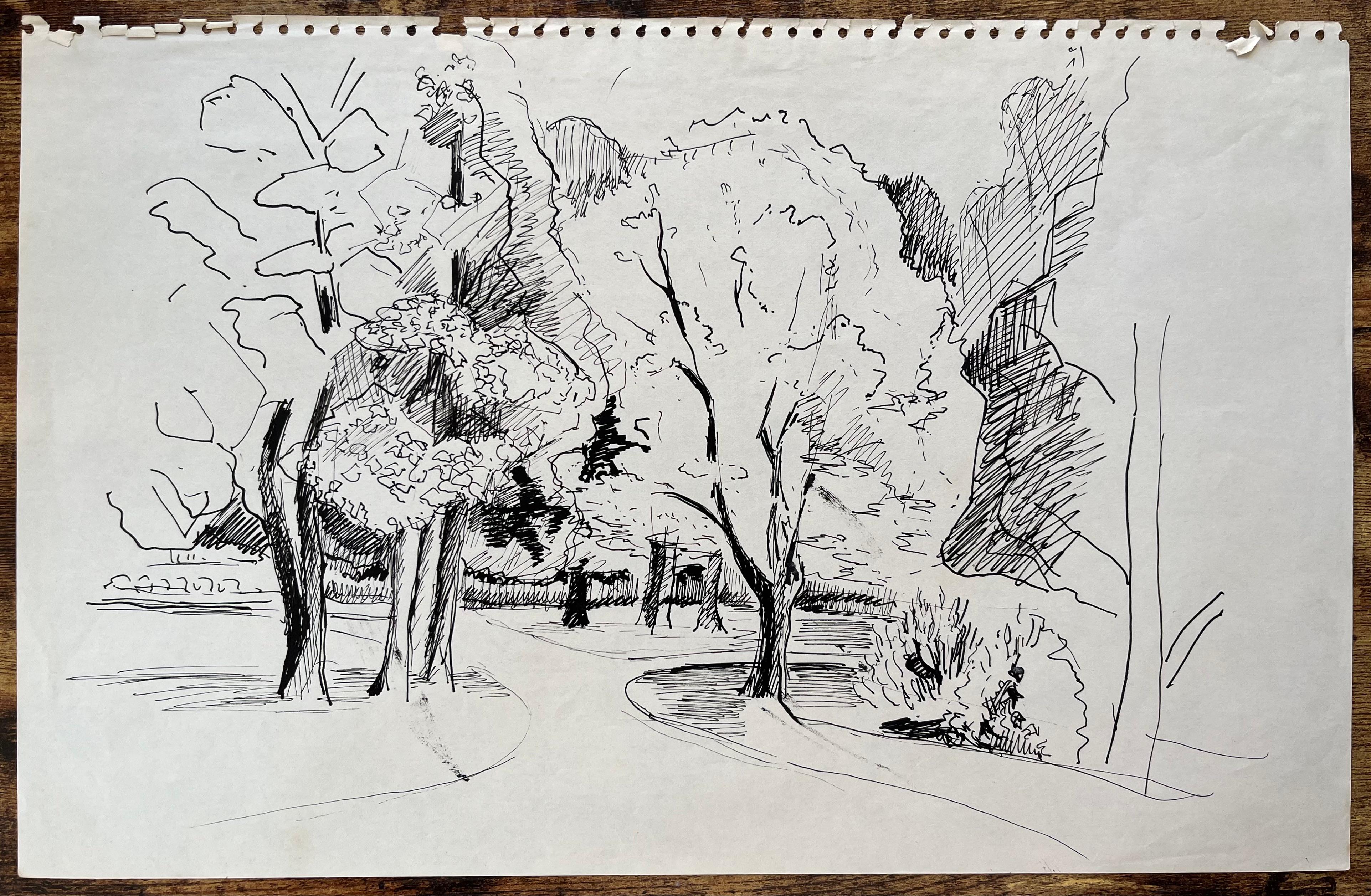 Dibujo postimpresionista de mediados del siglo XX de un camino arbolado en tinta - Painting de Anne Marie Migette Perard
