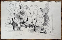 Mitte des 20. Jahrhunderts Postimpressionistische Zeichnung eines von Bäumen gesäumten Weges in Tinte