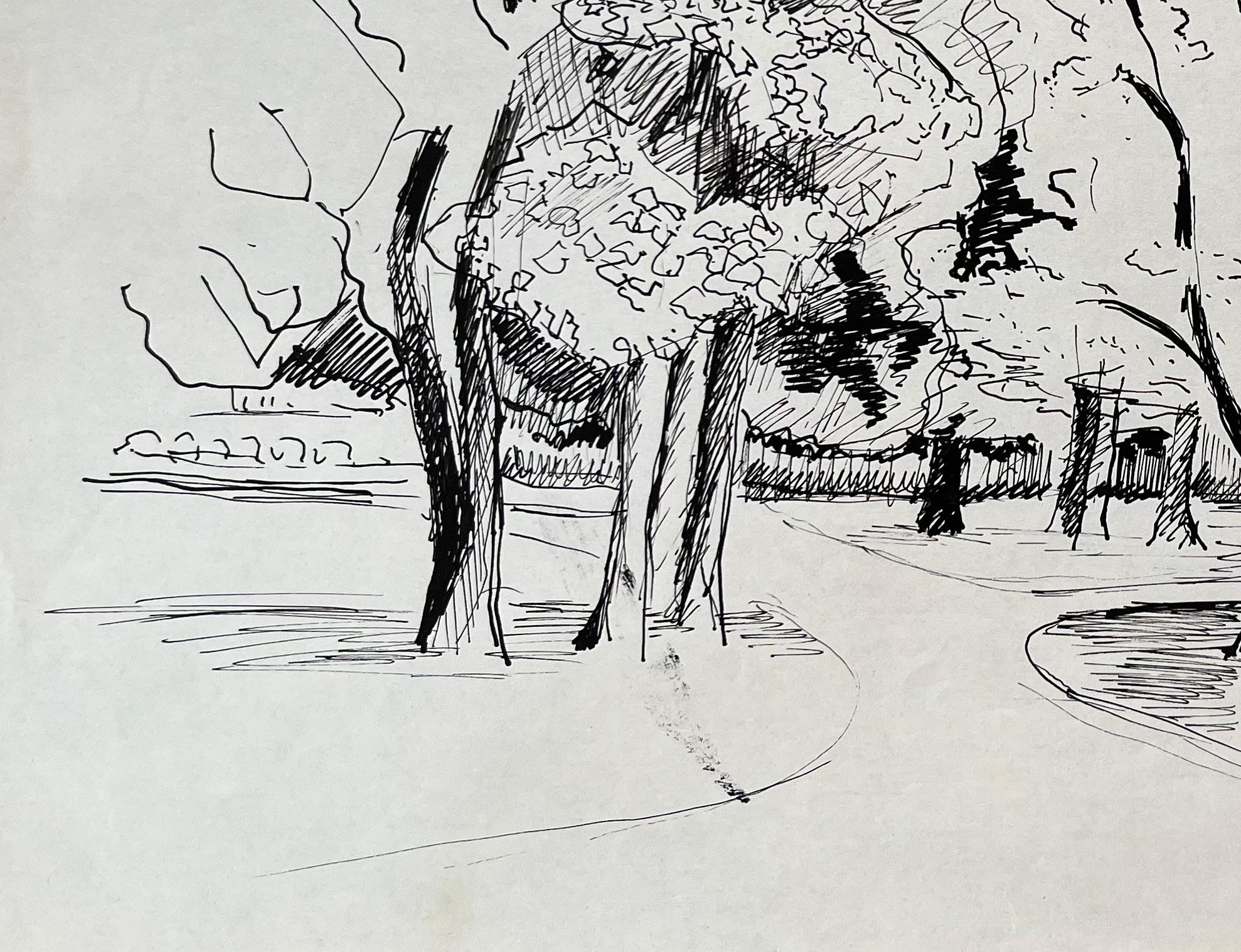 Dibujo postimpresionista de mediados del siglo XX de un camino arbolado en tinta - Landscape Painting Gris de Anne Marie Migette Perard