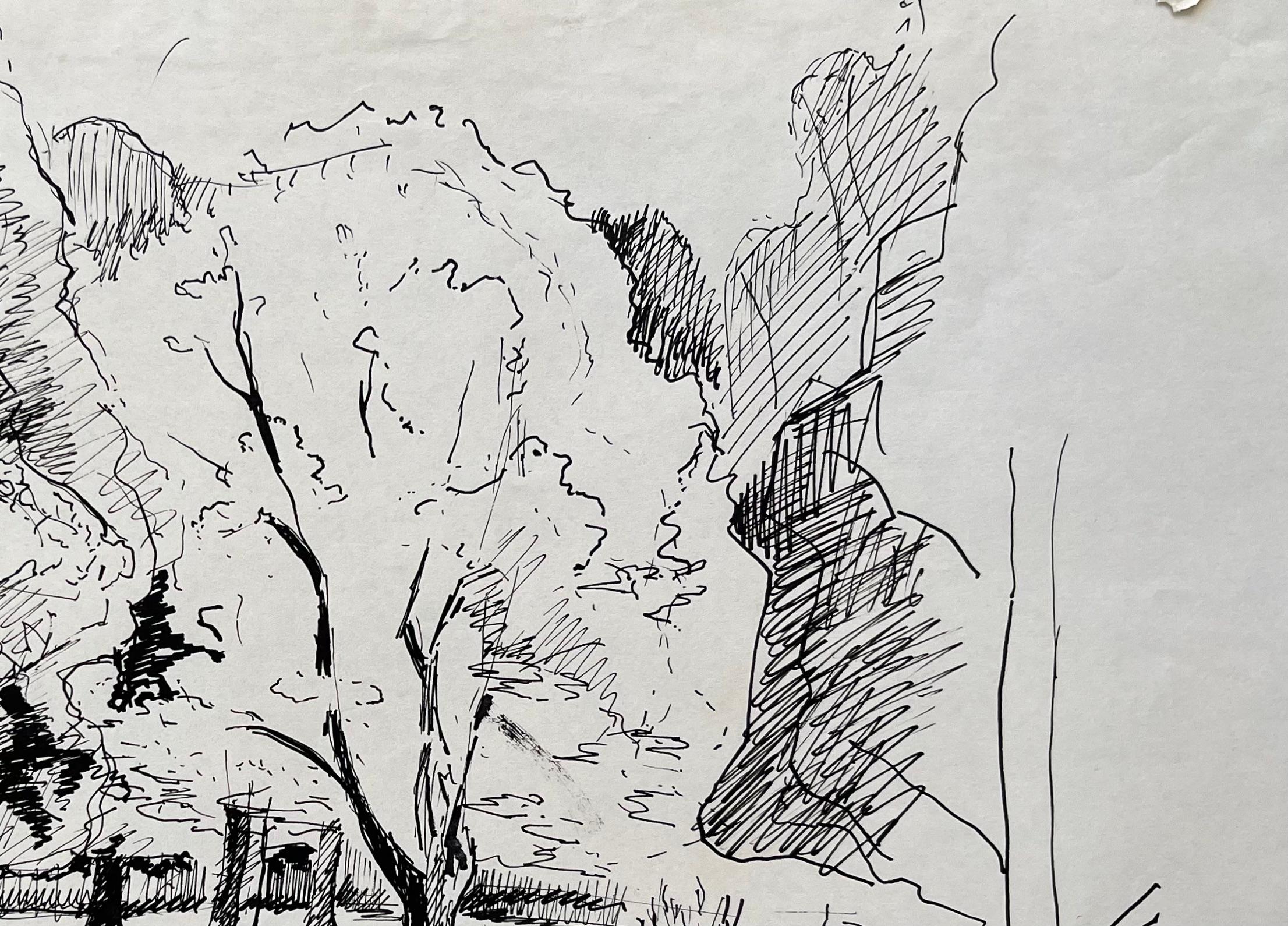Dibujo postimpresionista de mediados del siglo XX de un camino arbolado en tinta en venta 1