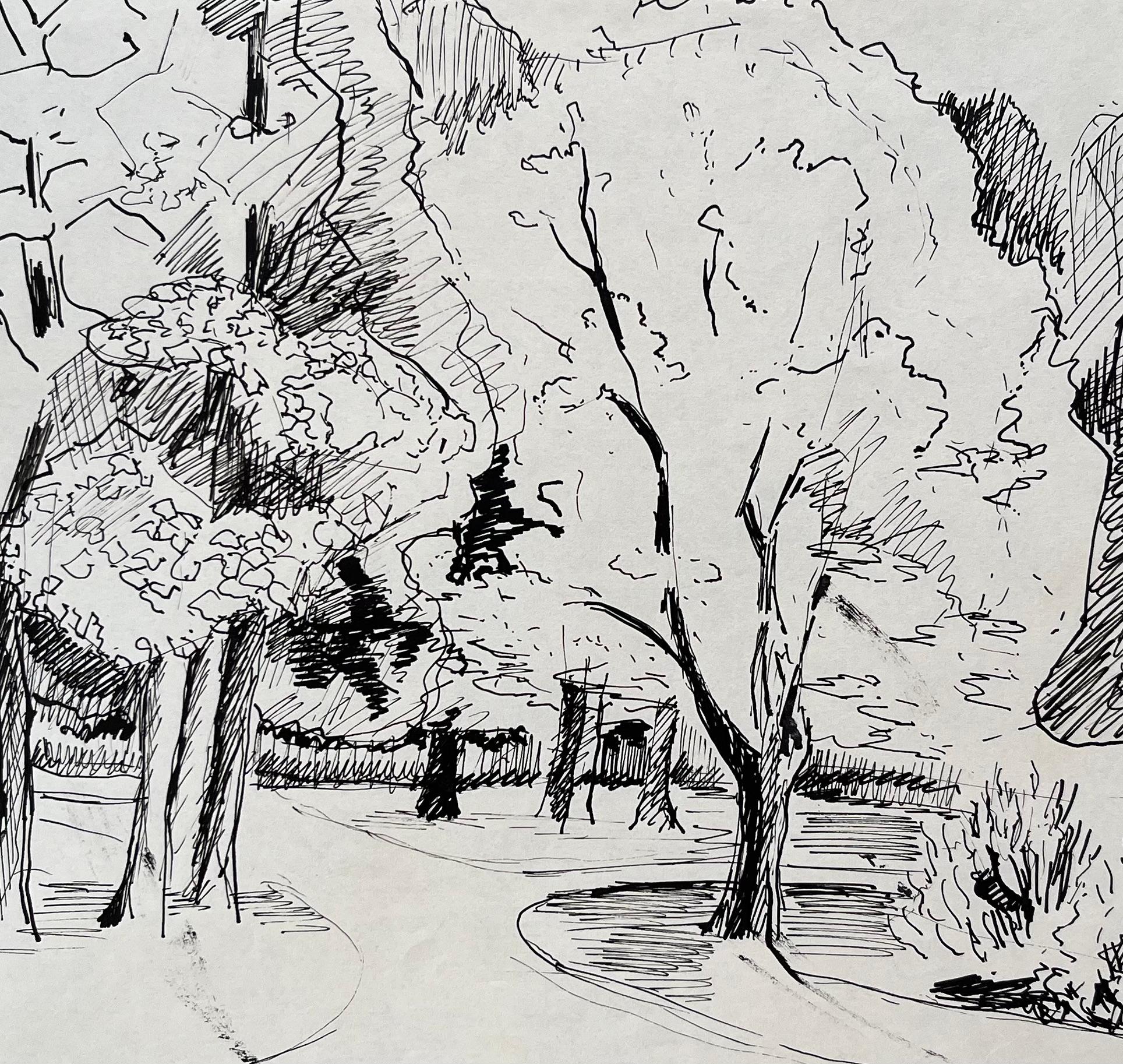 Dibujo postimpresionista de mediados del siglo XX de un camino arbolado en tinta en venta 2