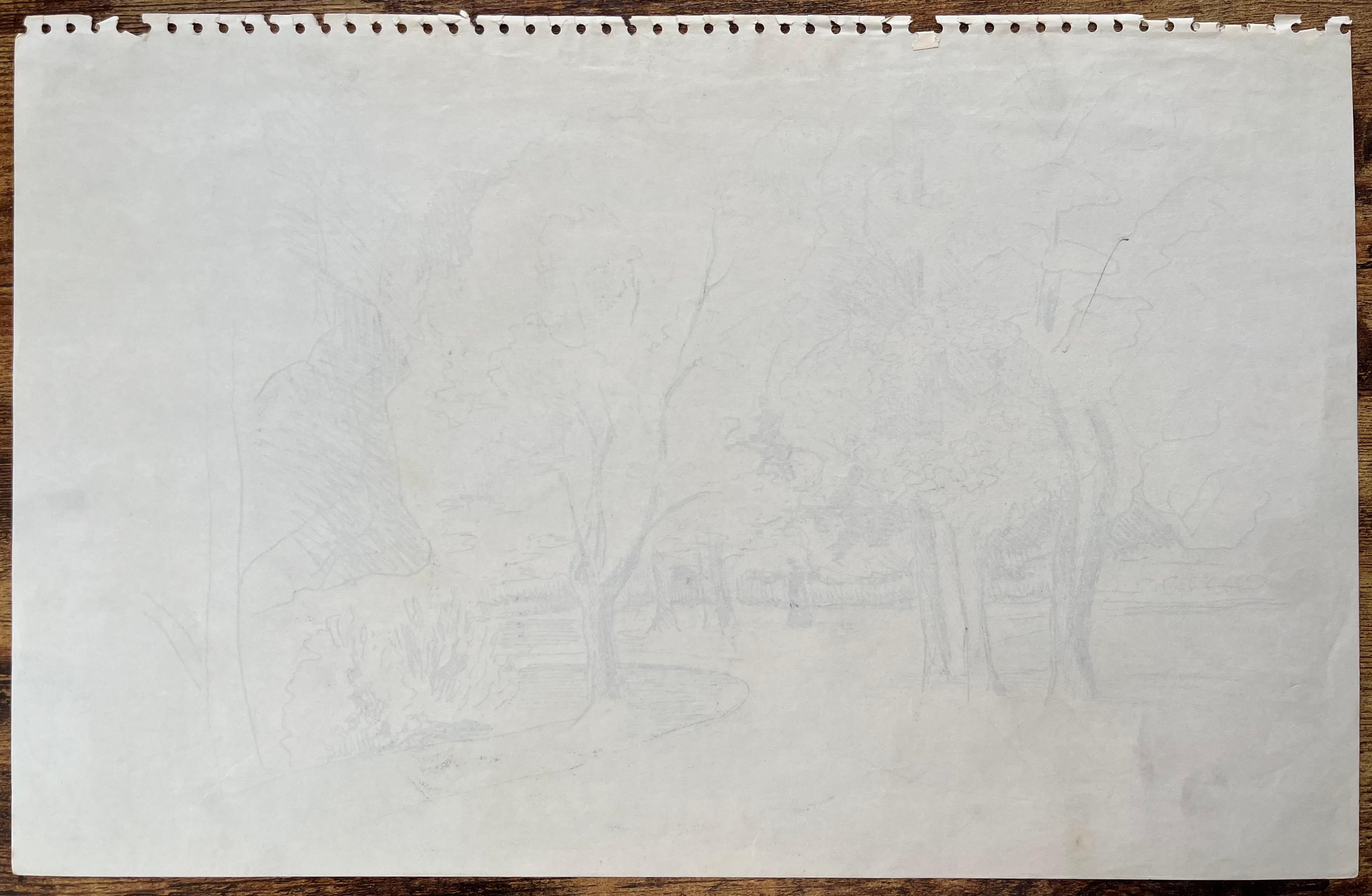 Dibujo postimpresionista de mediados del siglo XX de un camino arbolado en tinta en venta 3