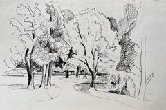Mitte des 20. Jahrhunderts Postimpressionistische Zeichnung eines von Bäumen gesäumten Weges in Tinte