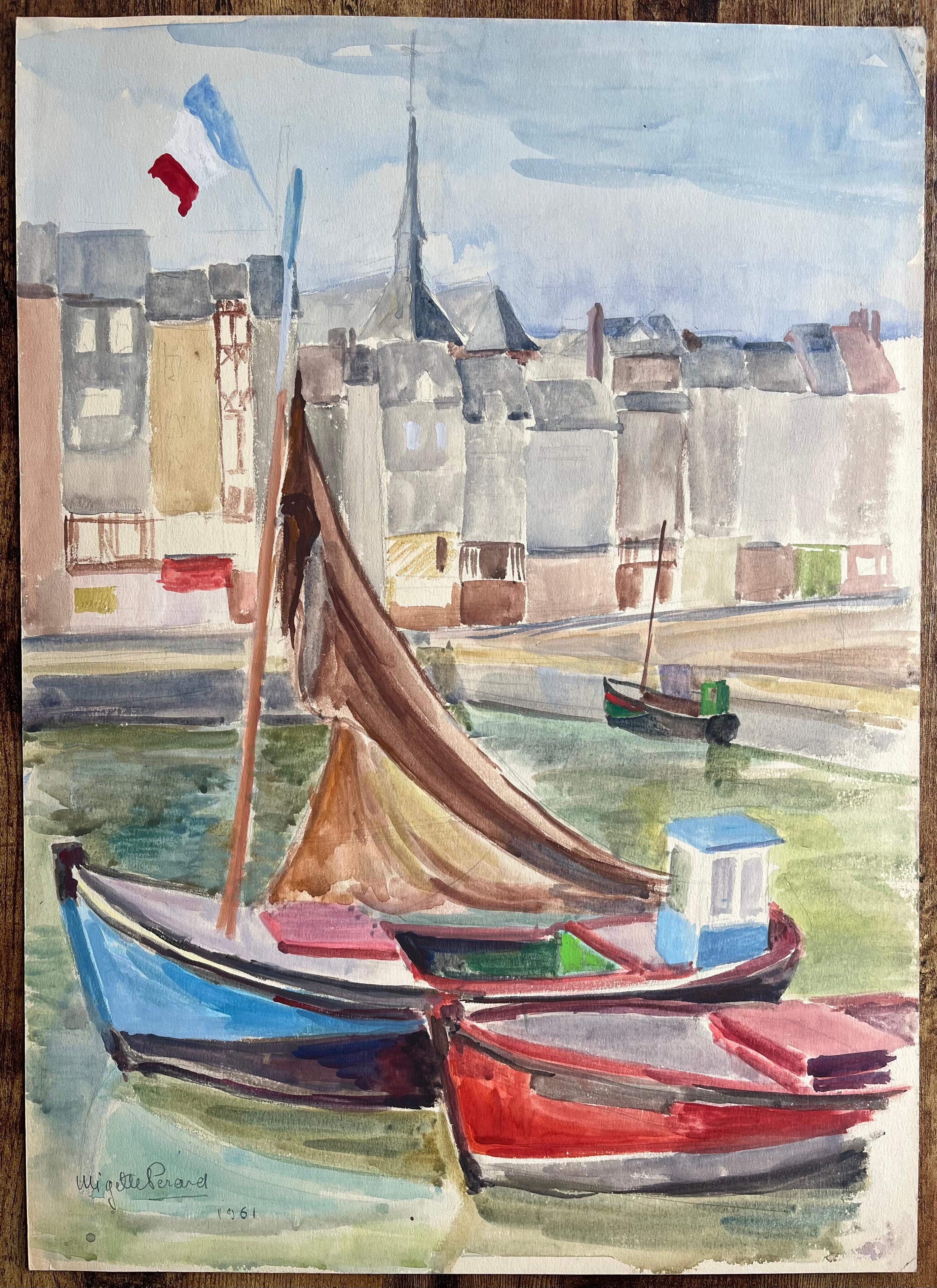 Scena portuale francese post-impressionista della metà del XX secolo con barche e bandiera - Painting di Anne Marie Migette Perard