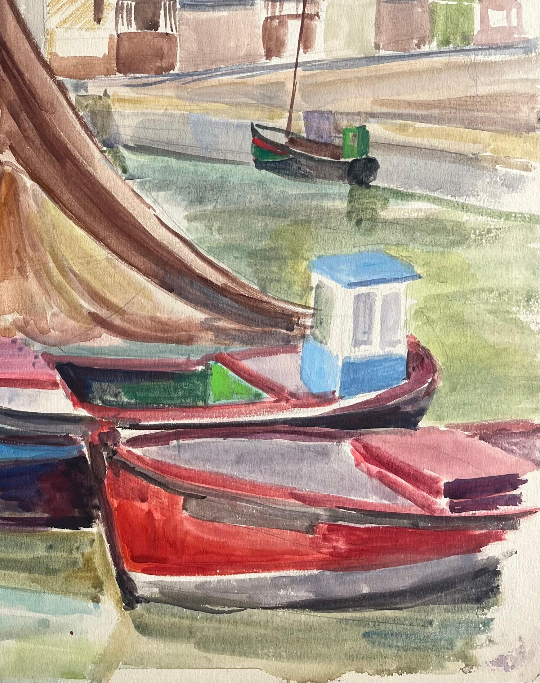 Scena portuale francese post-impressionista della metà del XX secolo con barche e bandiera - Painting Postimpressionismo di Anne Marie Migette Perard