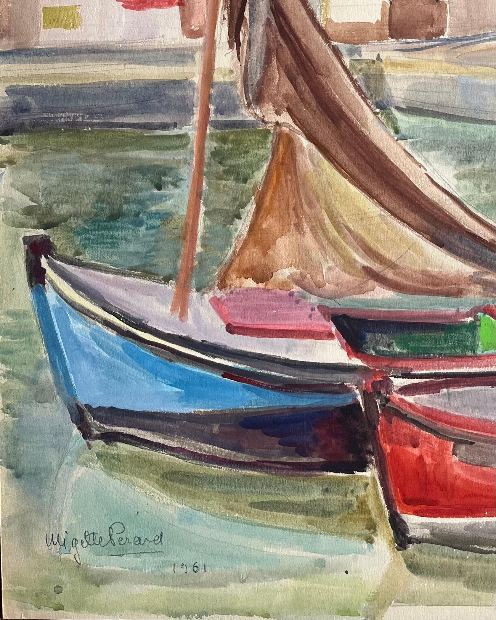 Scena portuale francese post-impressionista della metà del XX secolo con barche e bandiera - Figurative Painting Grigio di Anne Marie Migette Perard