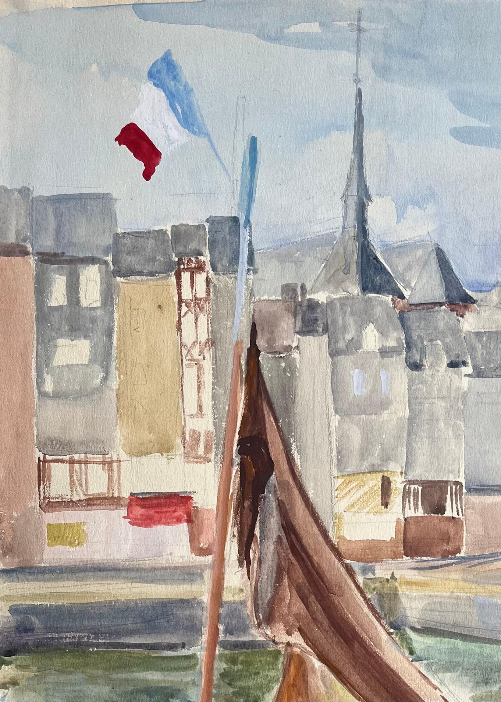 Titolo: Scena portuale francese post-impressionista della metà del XX secolo con barche e bandiera
di Anne Marie Migette Perard (francese, 1902-1977)
Firmato: Yes One
Medium: Acquerello su carta non incorniciata
Dimensioni: 20,5 pollici (altezza) x