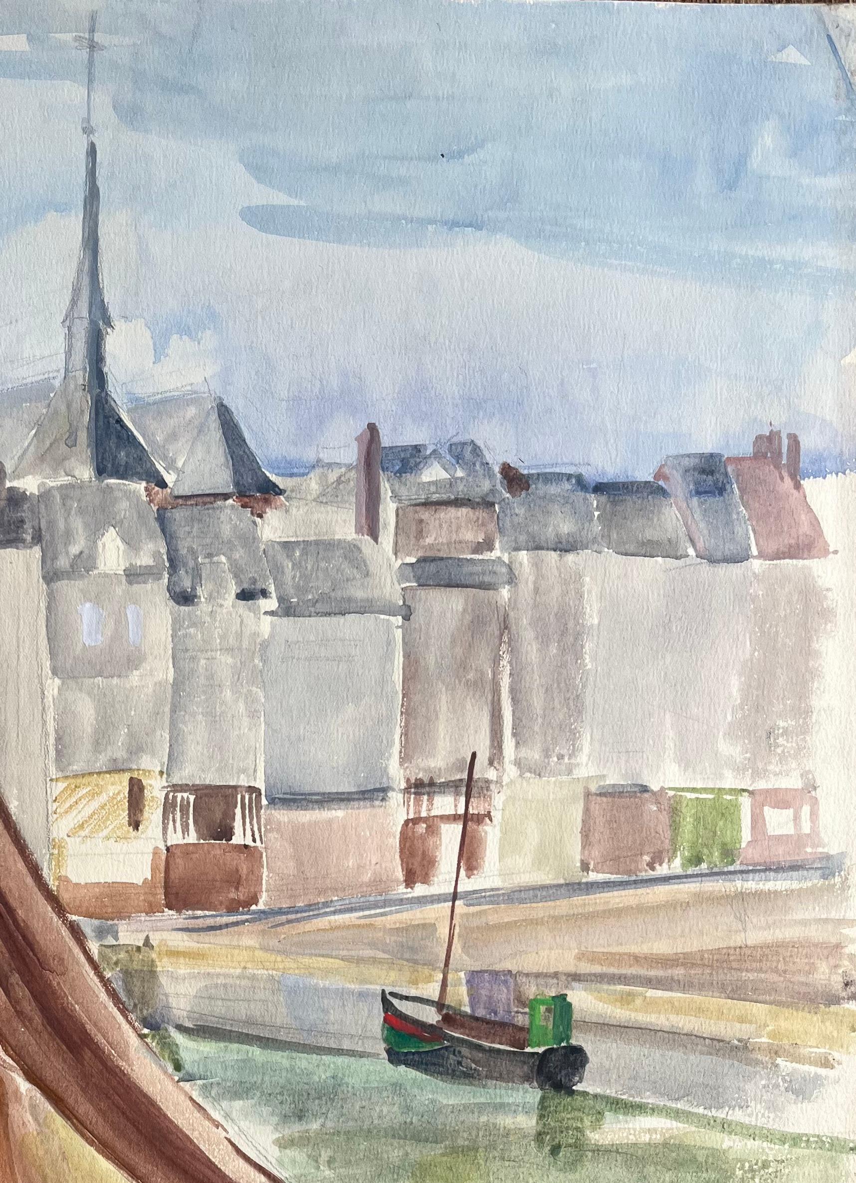 Scena portuale francese post-impressionista della metà del XX secolo con barche e bandiera in vendita 1