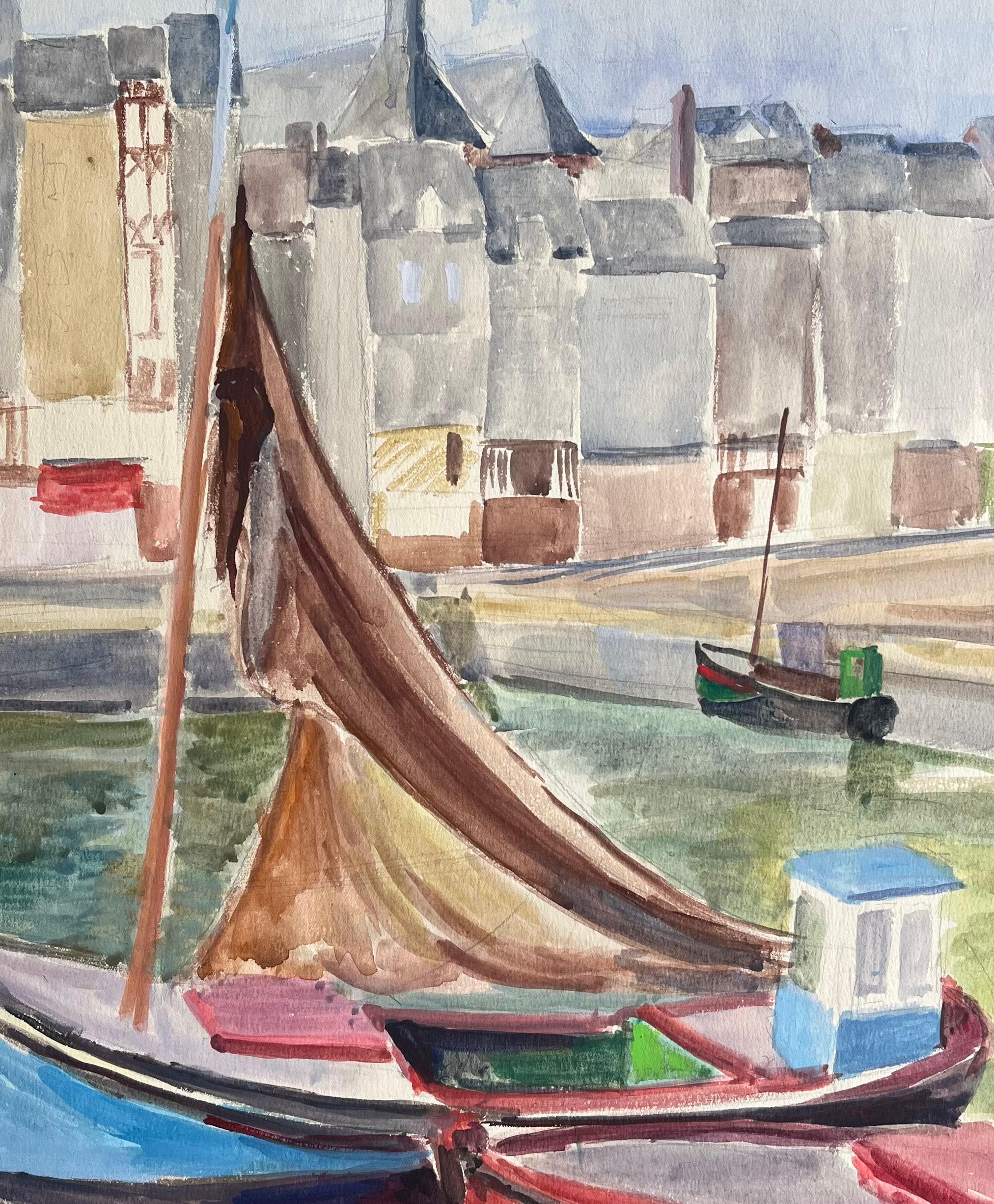 Scena portuale francese post-impressionista della metà del XX secolo con barche e bandiera in vendita 2