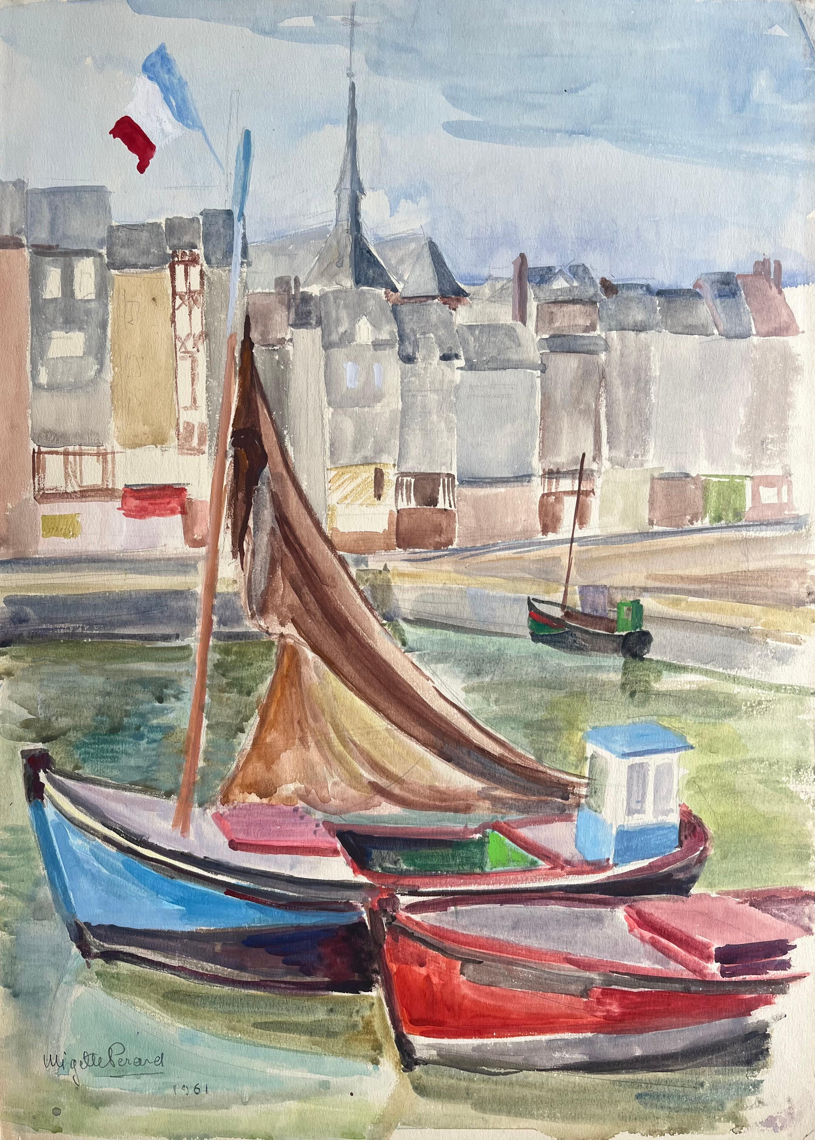 Figurative Painting di Anne Marie Migette Perard - Scena portuale francese post-impressionista della metà del XX secolo con barche e bandiera