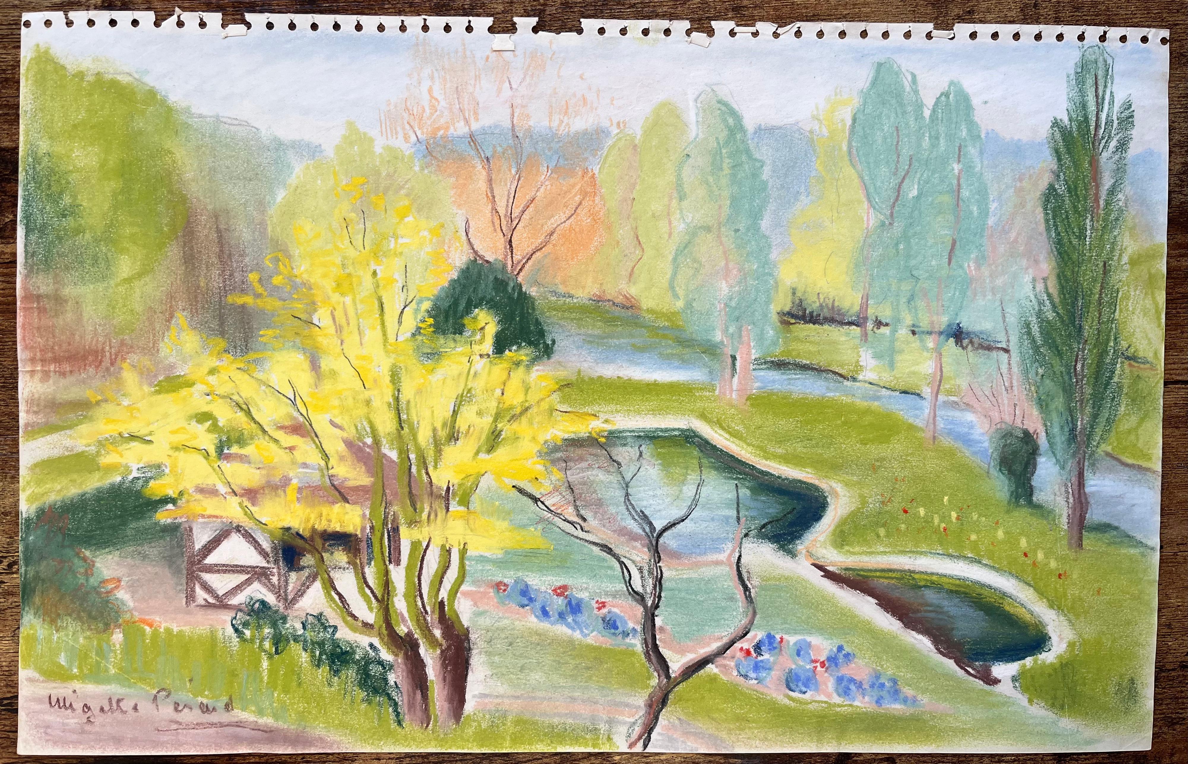 Paisaje de jardín postimpresionista de mediados del siglo XX con árbol amarillo - Painting de Anne Marie Migette Perard