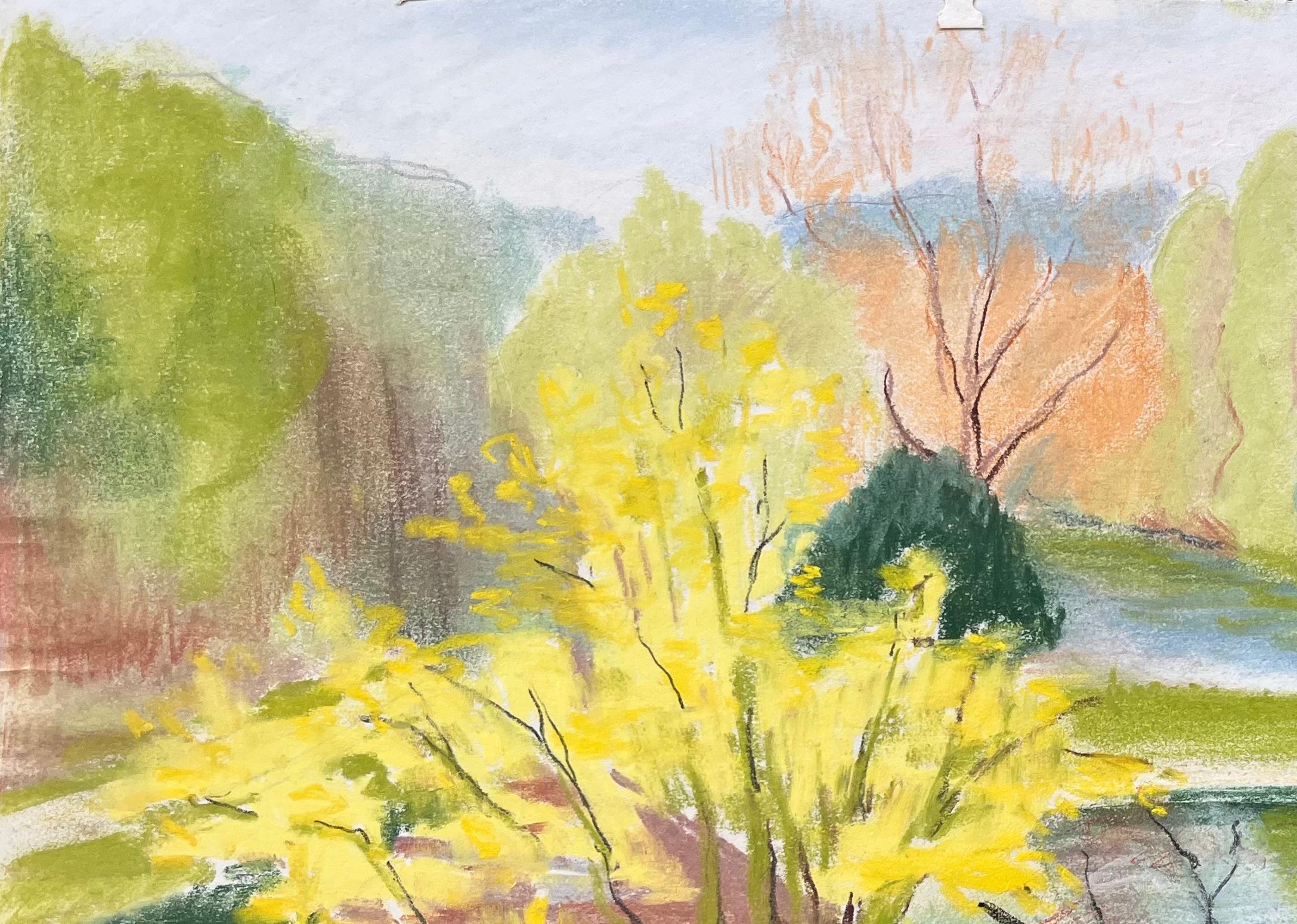 Paisaje de jardín postimpresionista de mediados del siglo XX con árbol amarillo - Painting Posimpresionista de Anne Marie Migette Perard