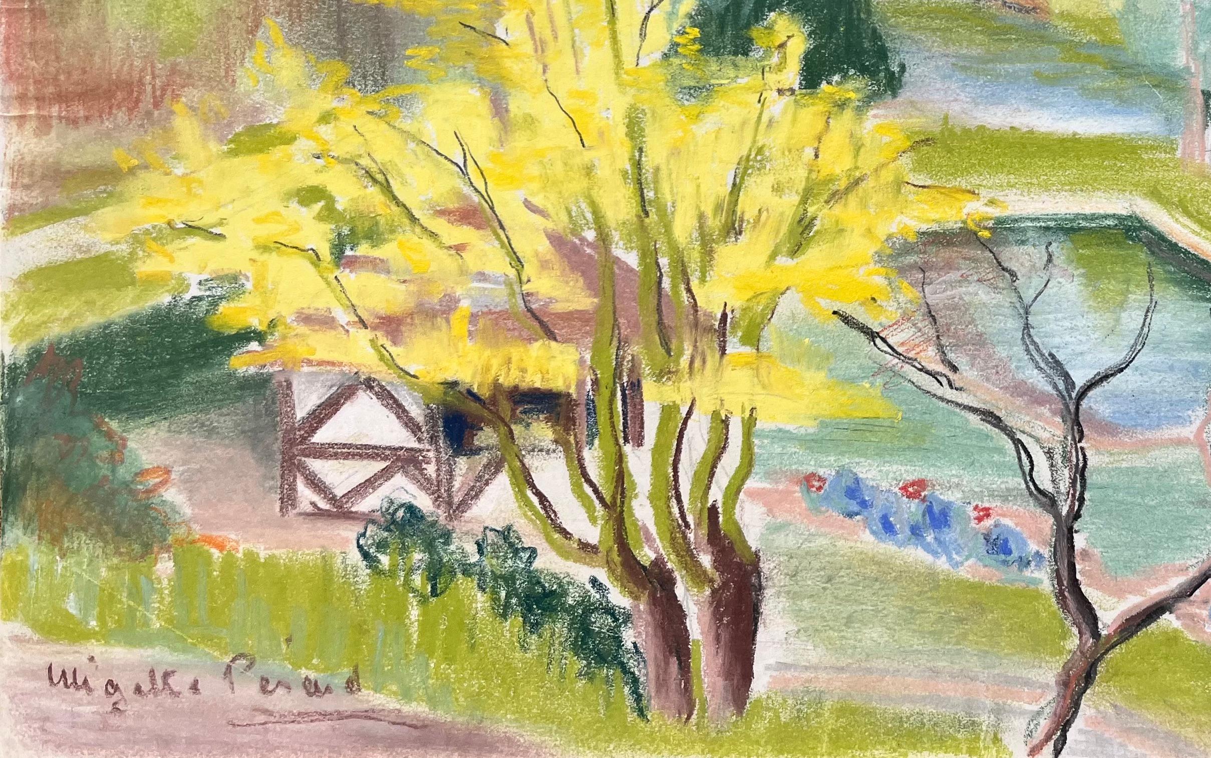 Paisaje de jardín postimpresionista de mediados del siglo XX con árbol amarillo - Landscape Painting Beige de Anne Marie Migette Perard