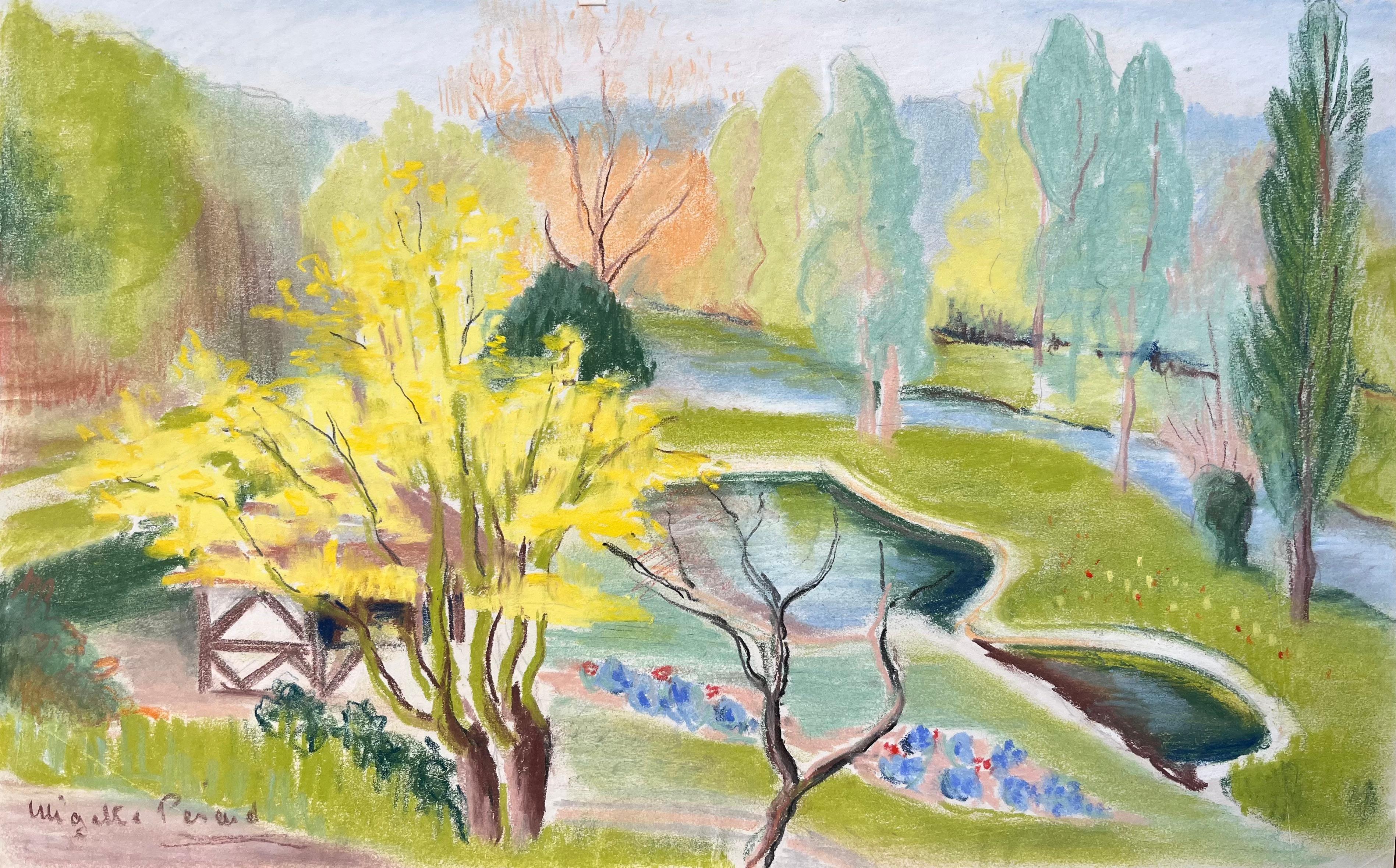 Landscape Painting de Anne Marie Migette Perard - Paisaje de jardín postimpresionista de mediados del siglo XX con árbol amarillo