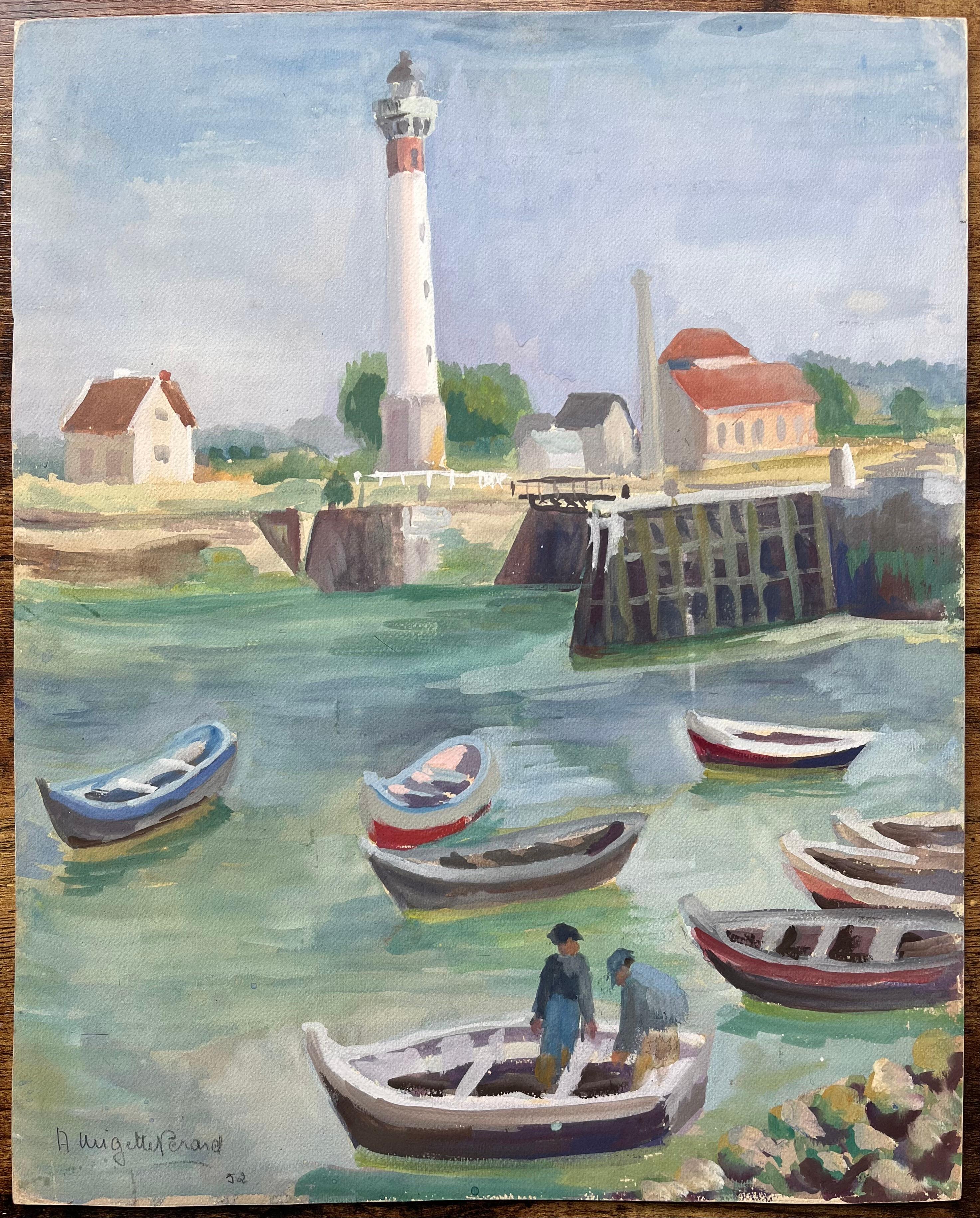Scena portuale post-impressionista della metà del XX secolo con barche e faro - Painting di Anne Marie Migette Perard