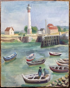 Mid-20th Century Post-Impressionist Harbour Scene with Boats and Lighthouse